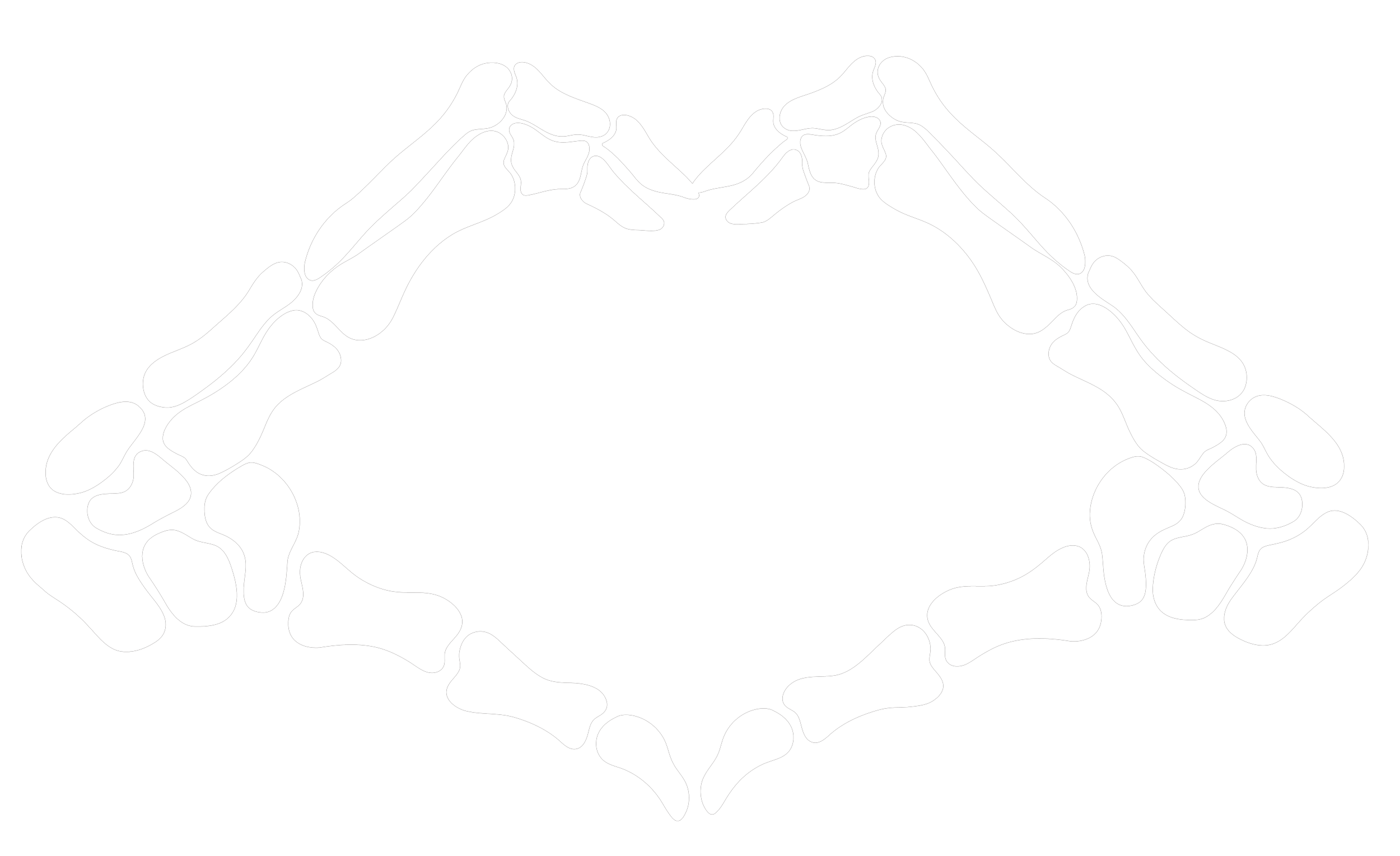 Silhouette of two hands forming a heart shape with skeletal bones outline against black background.