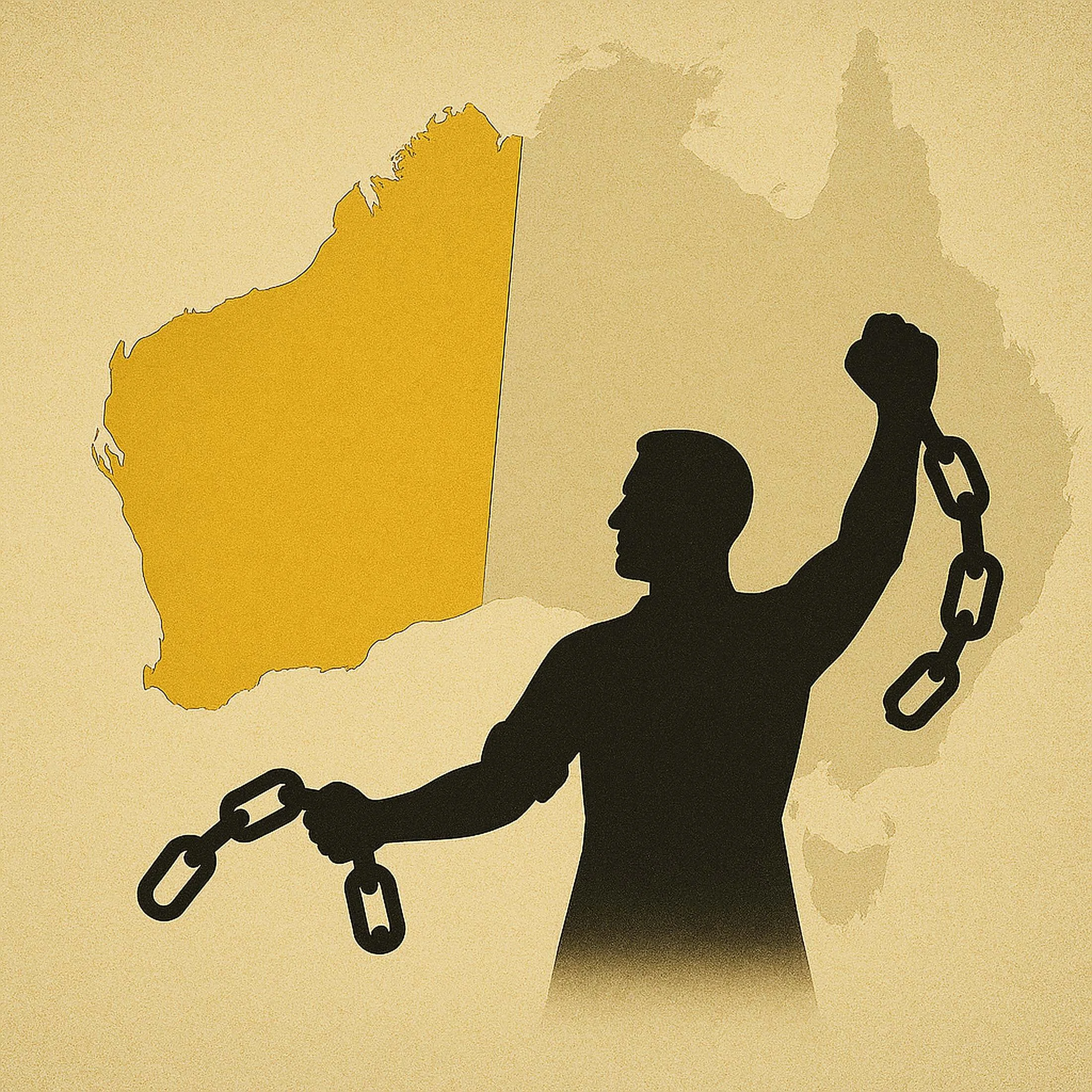 Silhouette of person breaking chains binding Western Australia to Australia, symbolizing the call for secession to end resource exploitation and restore local control over wealth and governance