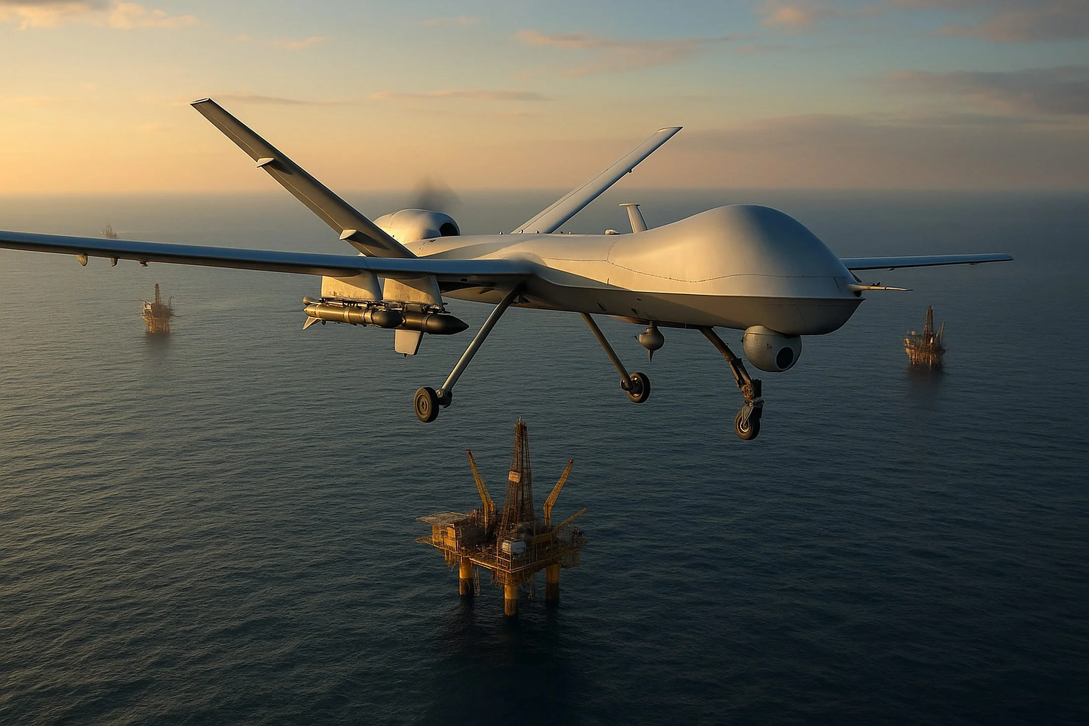 Drone surveying offshore platforms in Western Australia, symbolizing tech-driven defense for the new nation, outlining force structure, partnerships, and domestic manufacturing to safeguard resources and borders