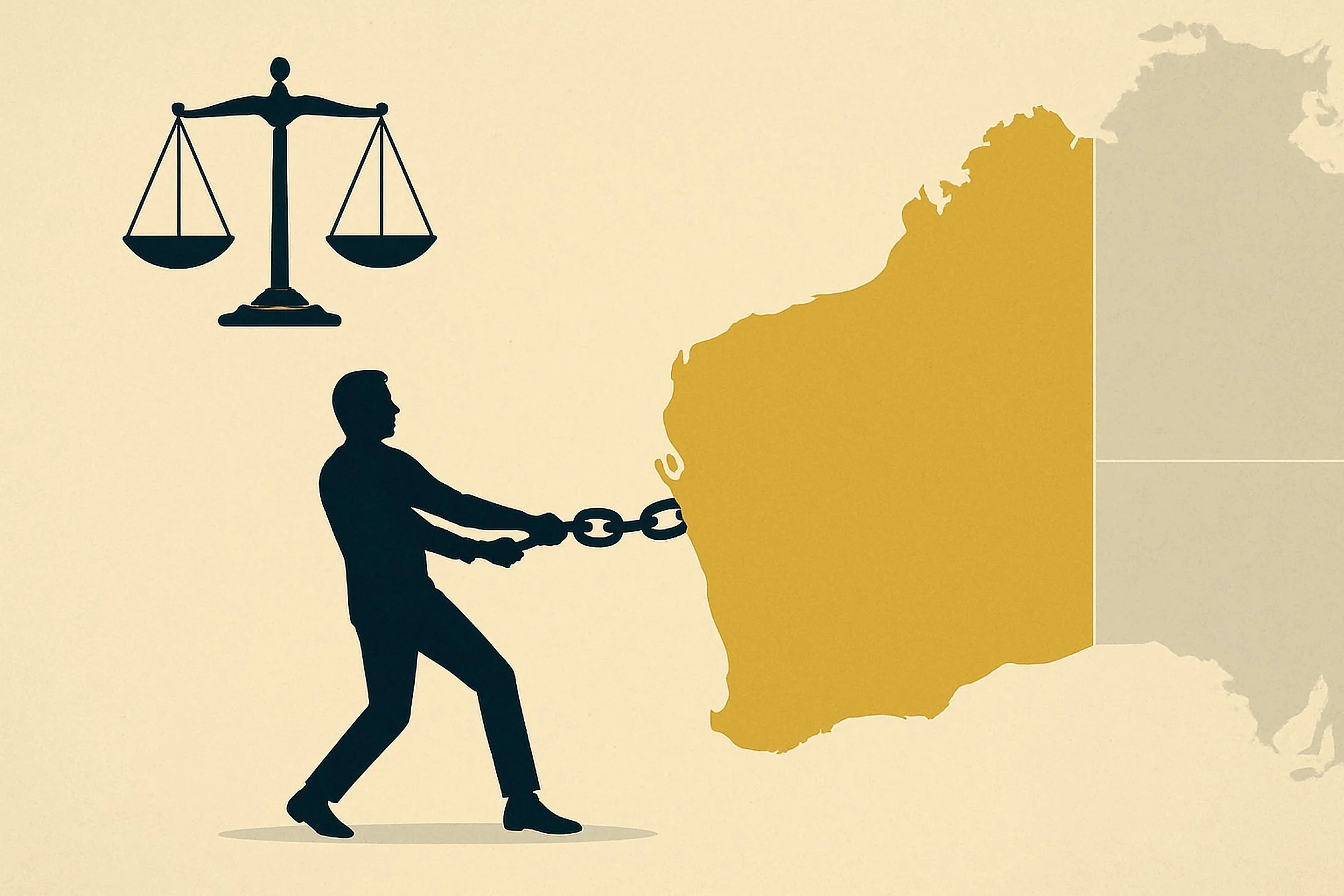 Scales of justice above a figure snapping chains linking Western Australia to Australia, representing the legal arguments for secession based on popular sovereignty and constitutional powers for independence