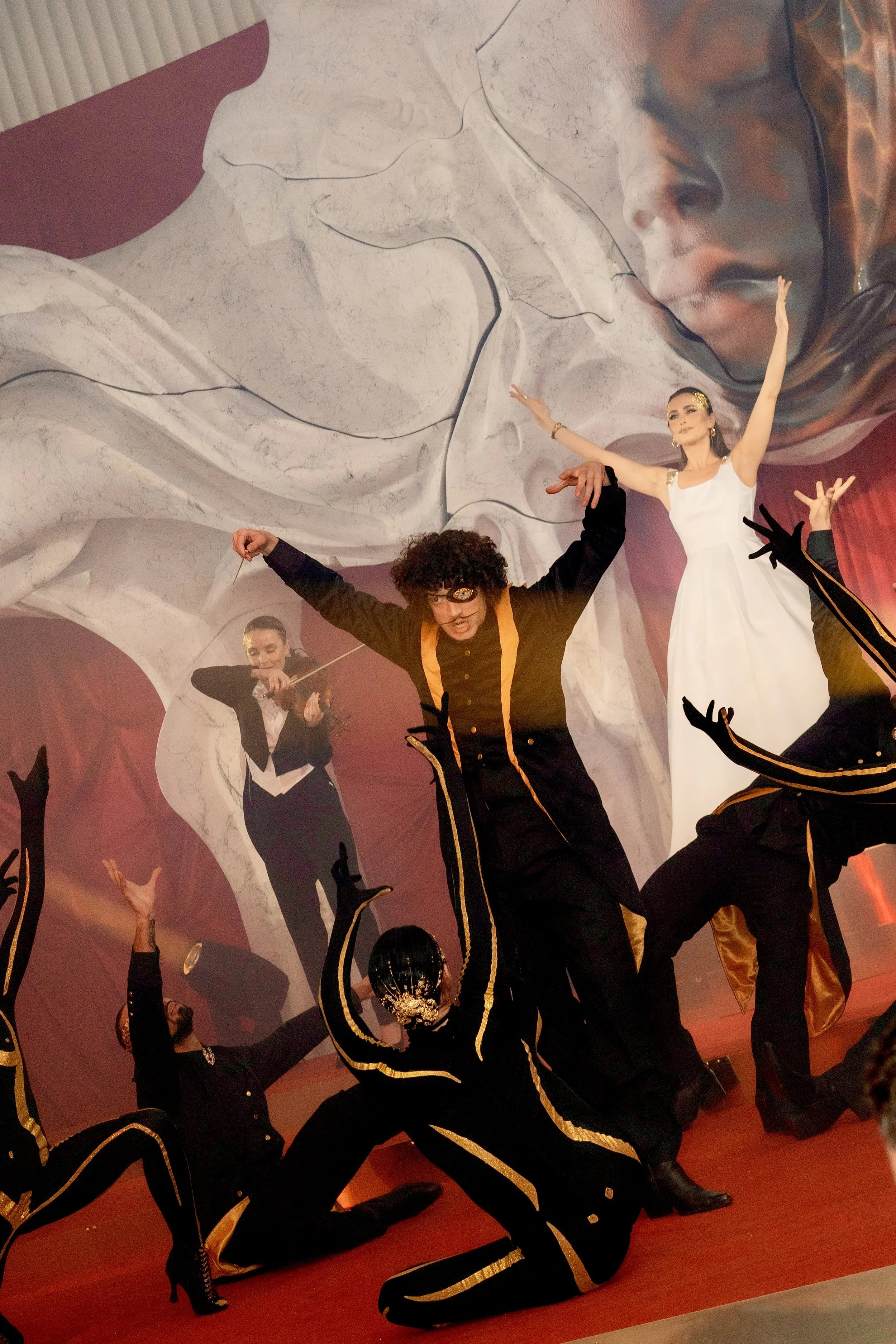Surreal costumes opera singer opening performance