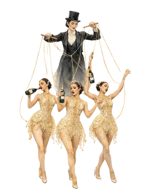 Puppet master performer with three puppet-styled performers dressed in golden dresses holding bottles