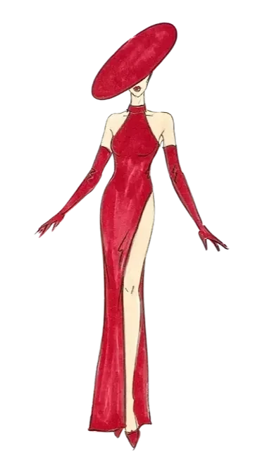 Fashion design sketch of a red dress with oversized hat for a bespoke show concept