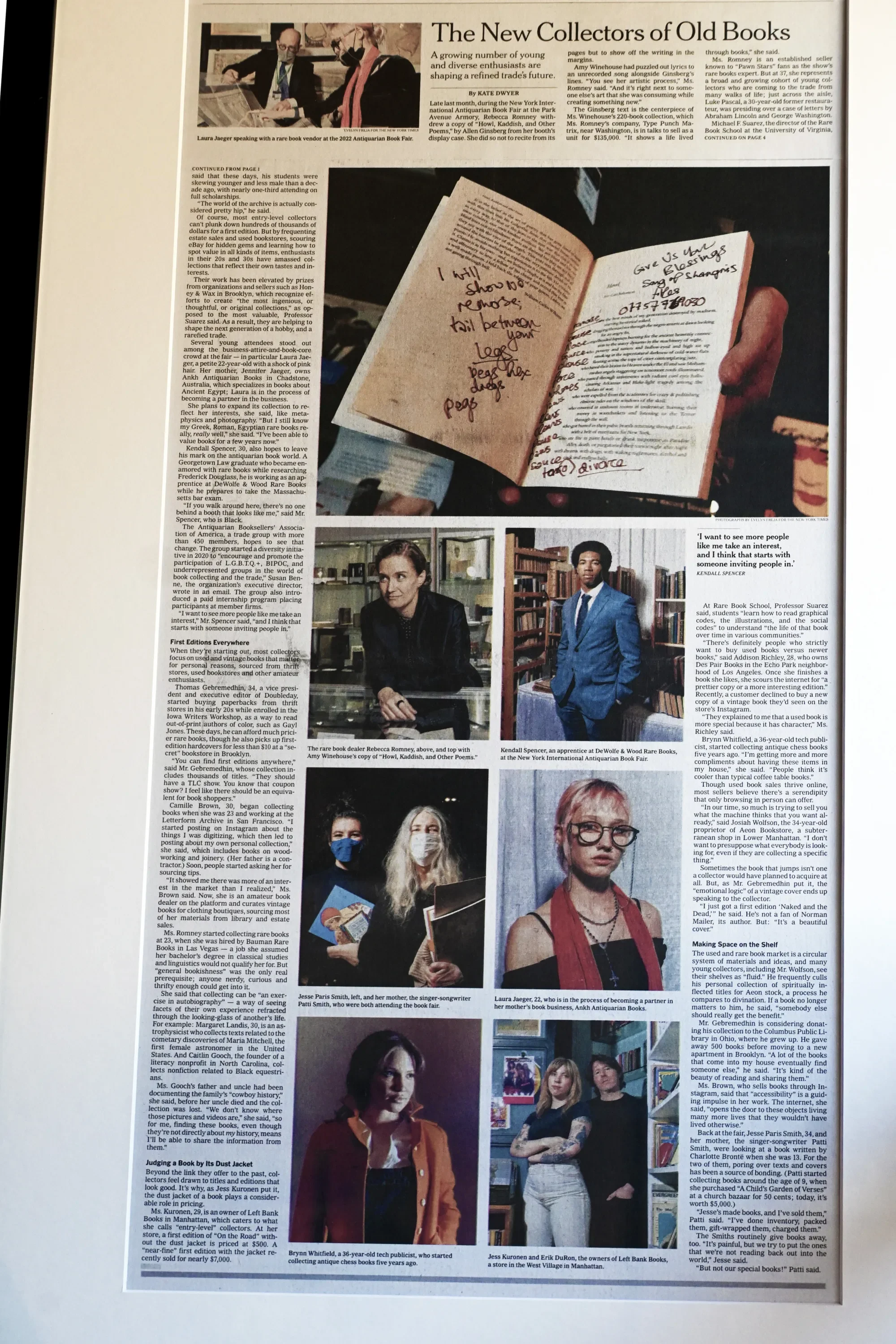 A newspaper article titled "The New Collectors of Old Books" featuring multiple images of people at a book fair or bookstore, including a close-up of an open book with handwritten notes, a woman with a folder, a young man in a suit standing among bookshelves, two women with masks holding books, a woman with glasses and tattoos, and a woman in an orange jacket.