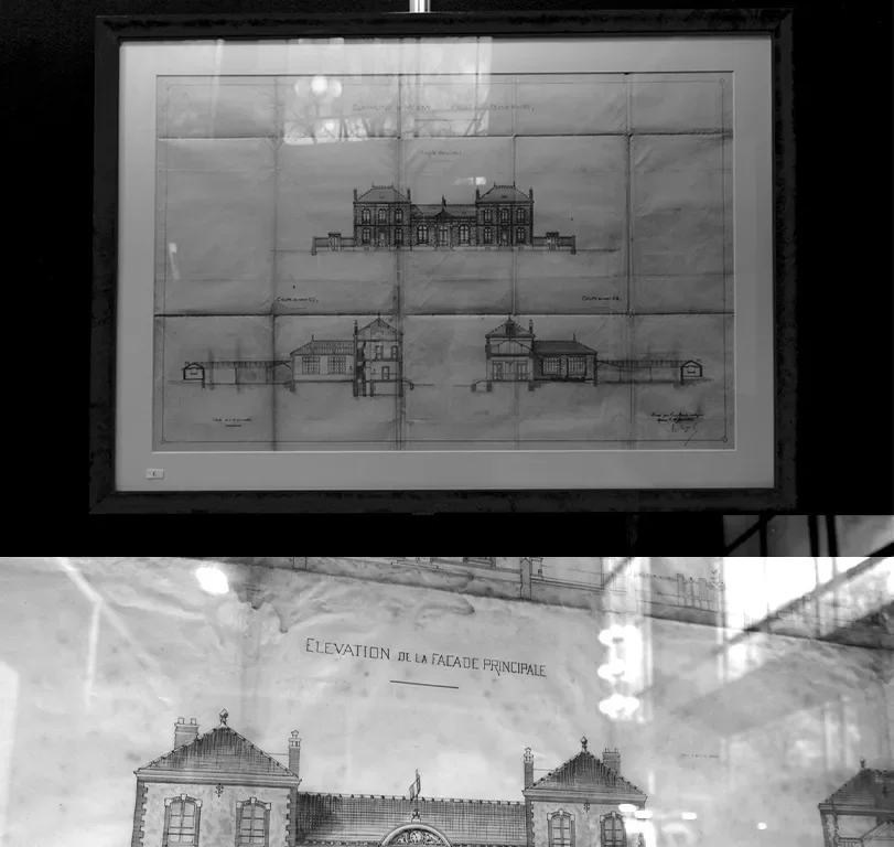 Blueprints of an architectural building, showing front and side elevations with detailed sketches.