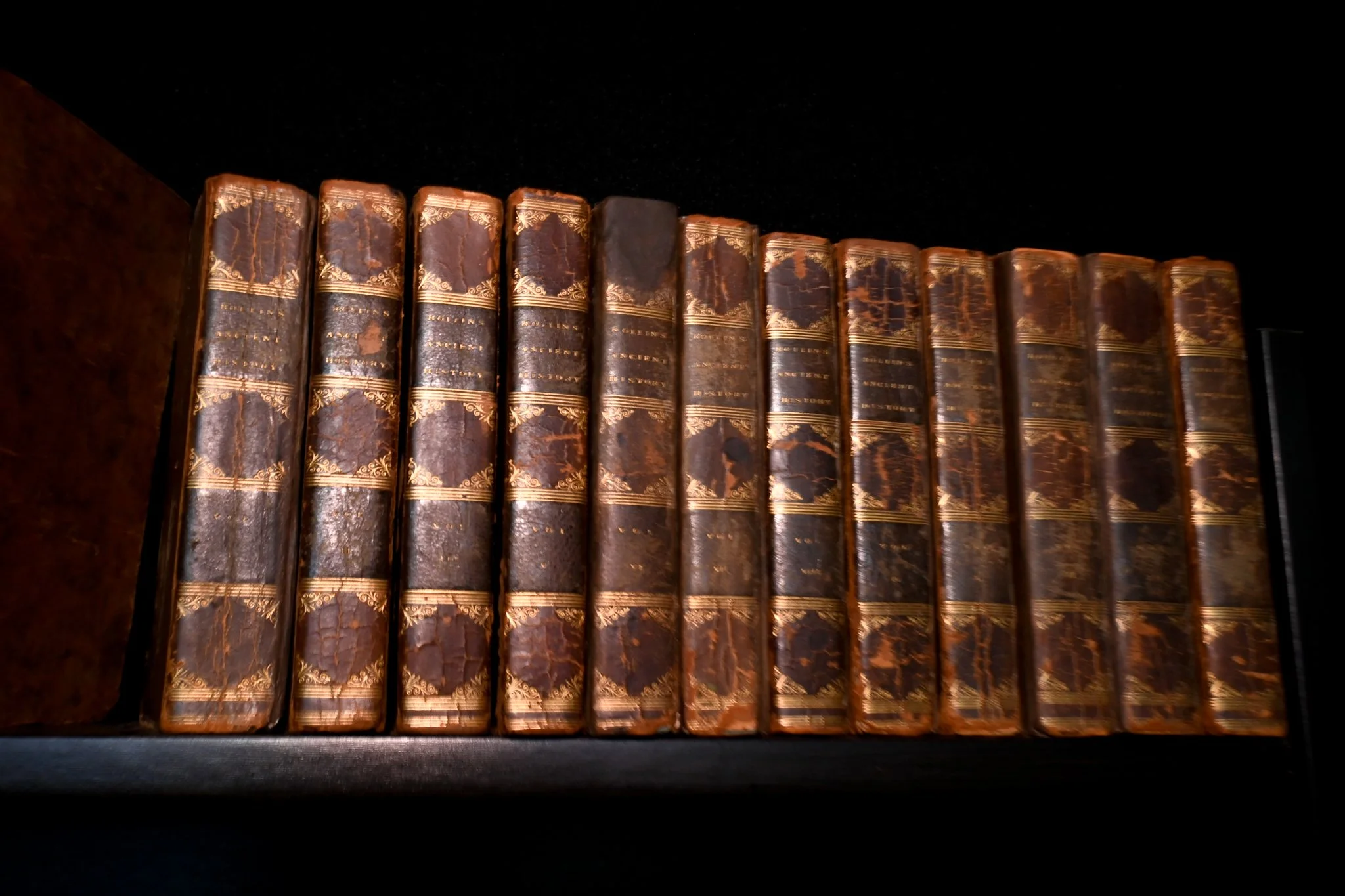 A row of vintage leather-bound hardcover books with gold detailing on a shelf.