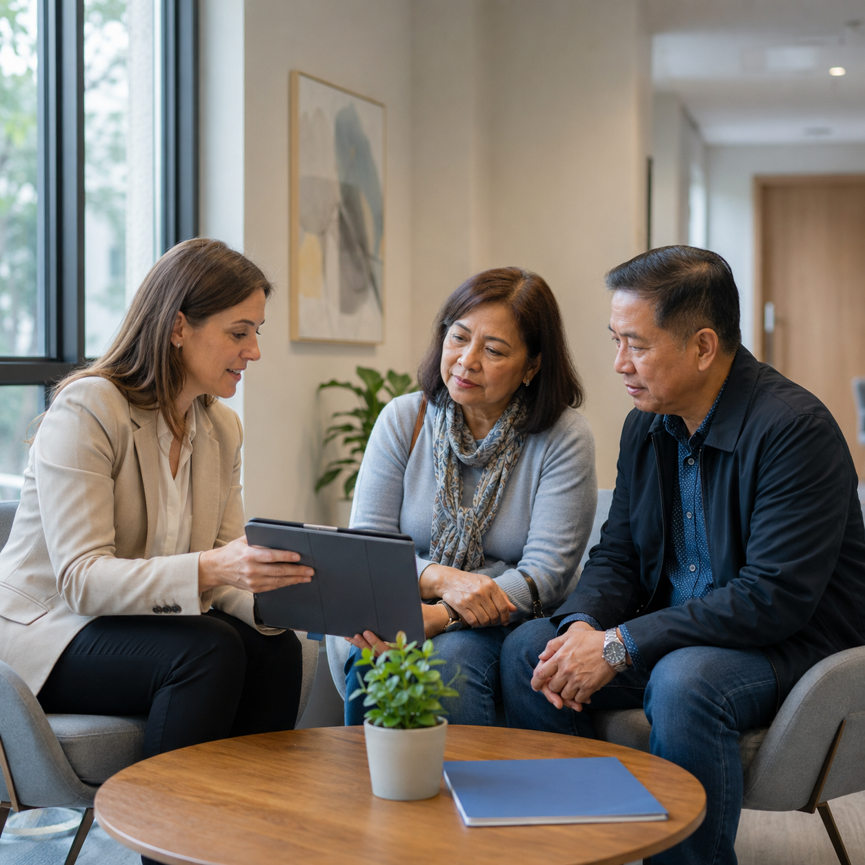Three people sitting in a room, engaged in discussion around a tablet device, with a table holding a small potted plant and a blue folder, near large window with greenery outside.