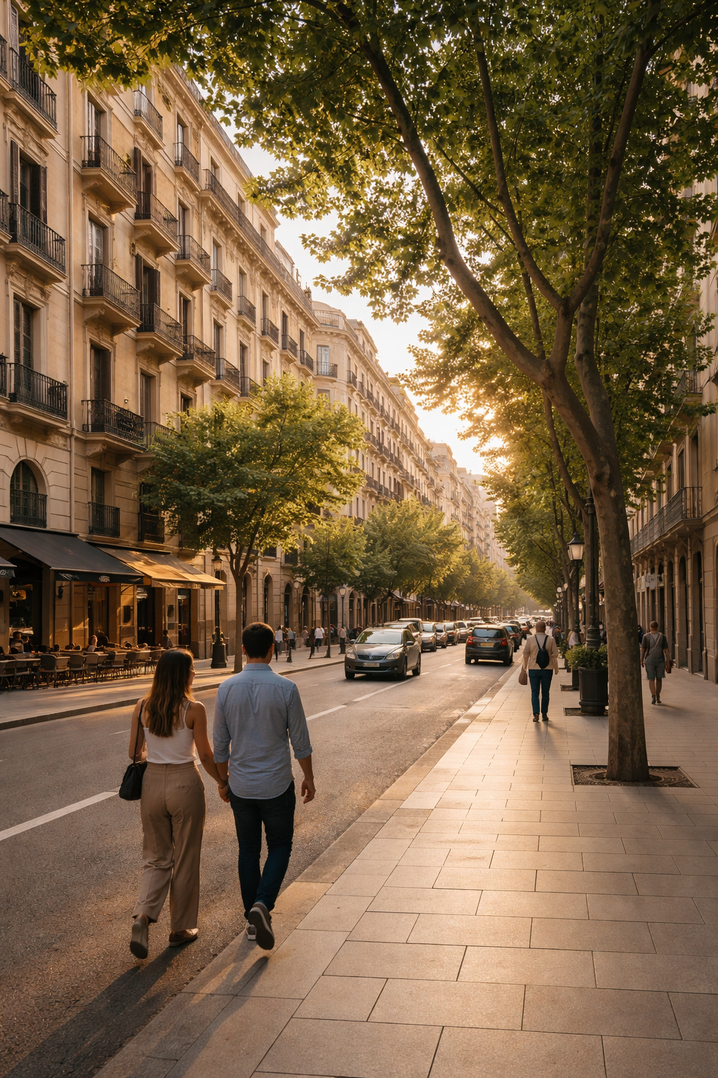 Quiet European city street with pedestrians in a safe setting