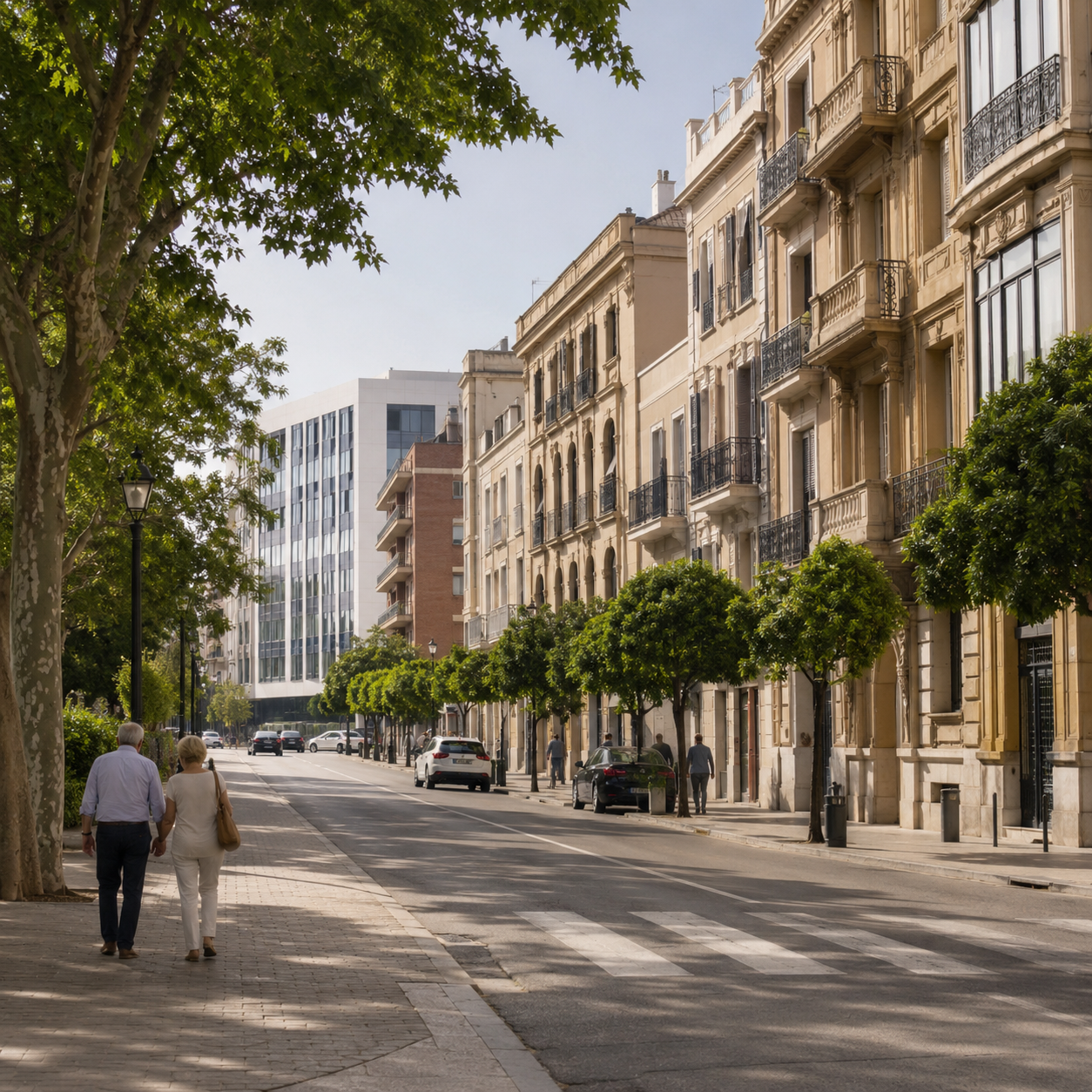 Street scene with people walking, cars, trees, and classic European-style buildings