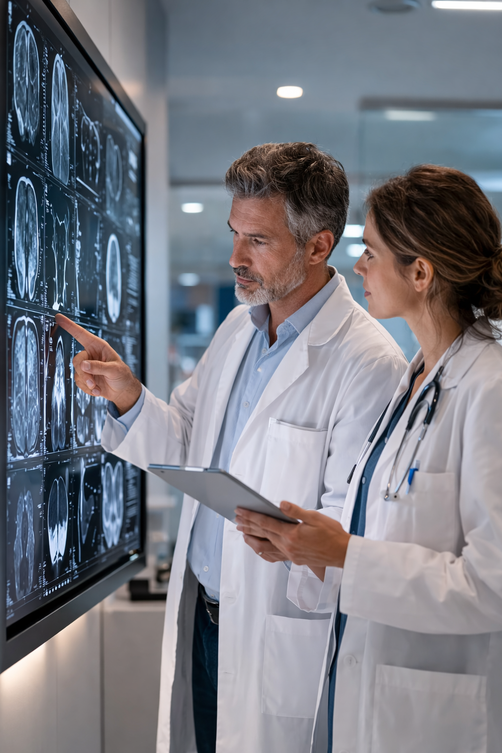 Specialist team reviewing medical imaging in a hospital