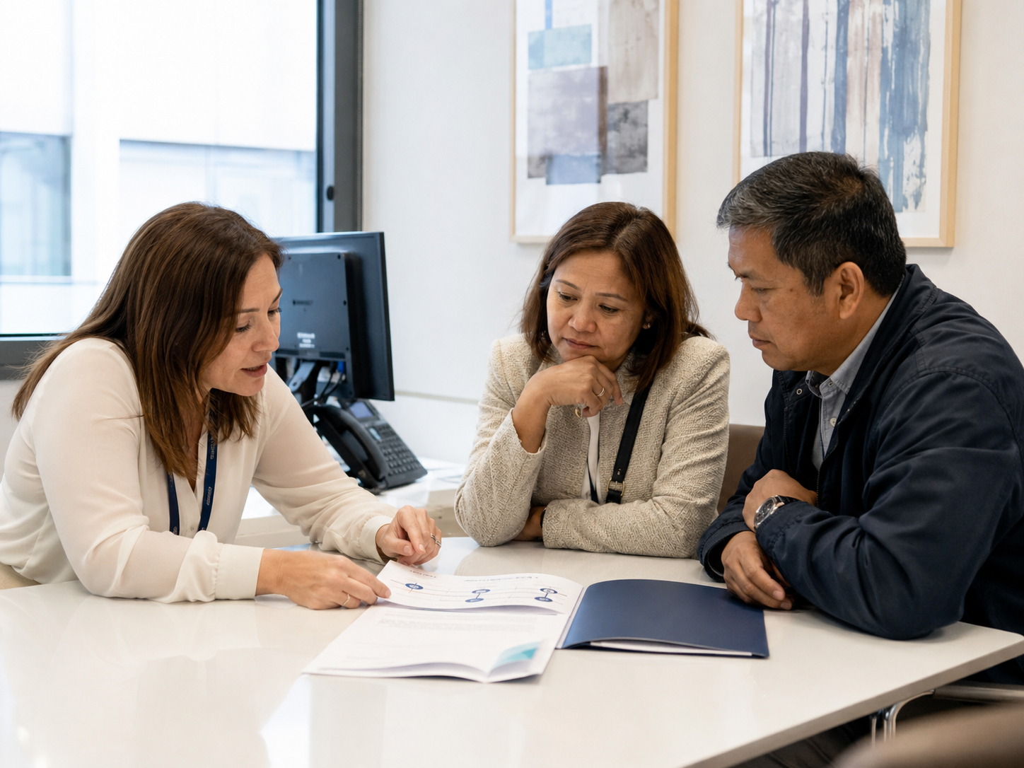Three business professionals sitting at a table discussing a document, with a computer and artwork on the wall in an office.