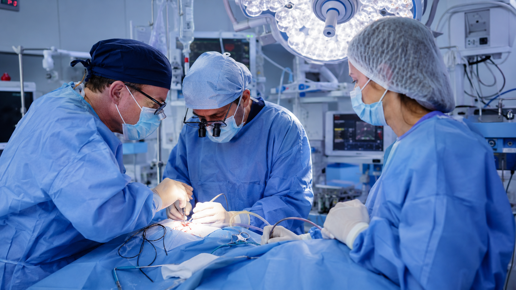 Medical team performing surgery in an operating room with bright overhead lights, all wearing surgical masks and scrubs.