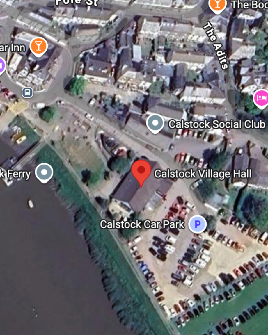 Satellite view of Calstock, showing Calstock Village Hall and Calstock Car Park.