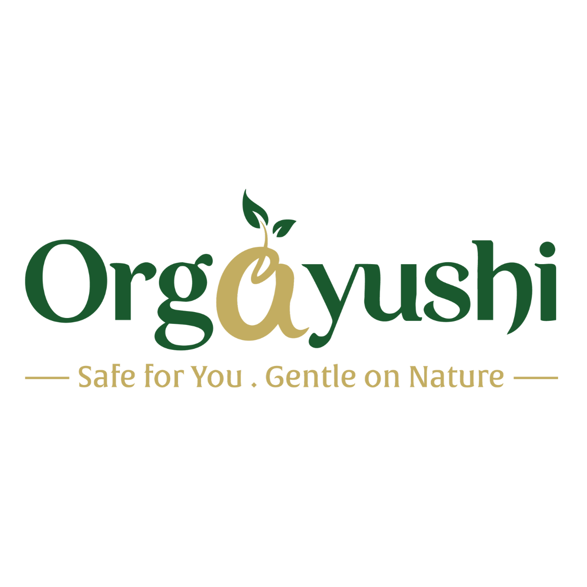 Logo for Orgayushi featuring the brand name with an olive and green color scheme, a small leaf, and the slogan 'Safe for You. Gentle on Nature'.