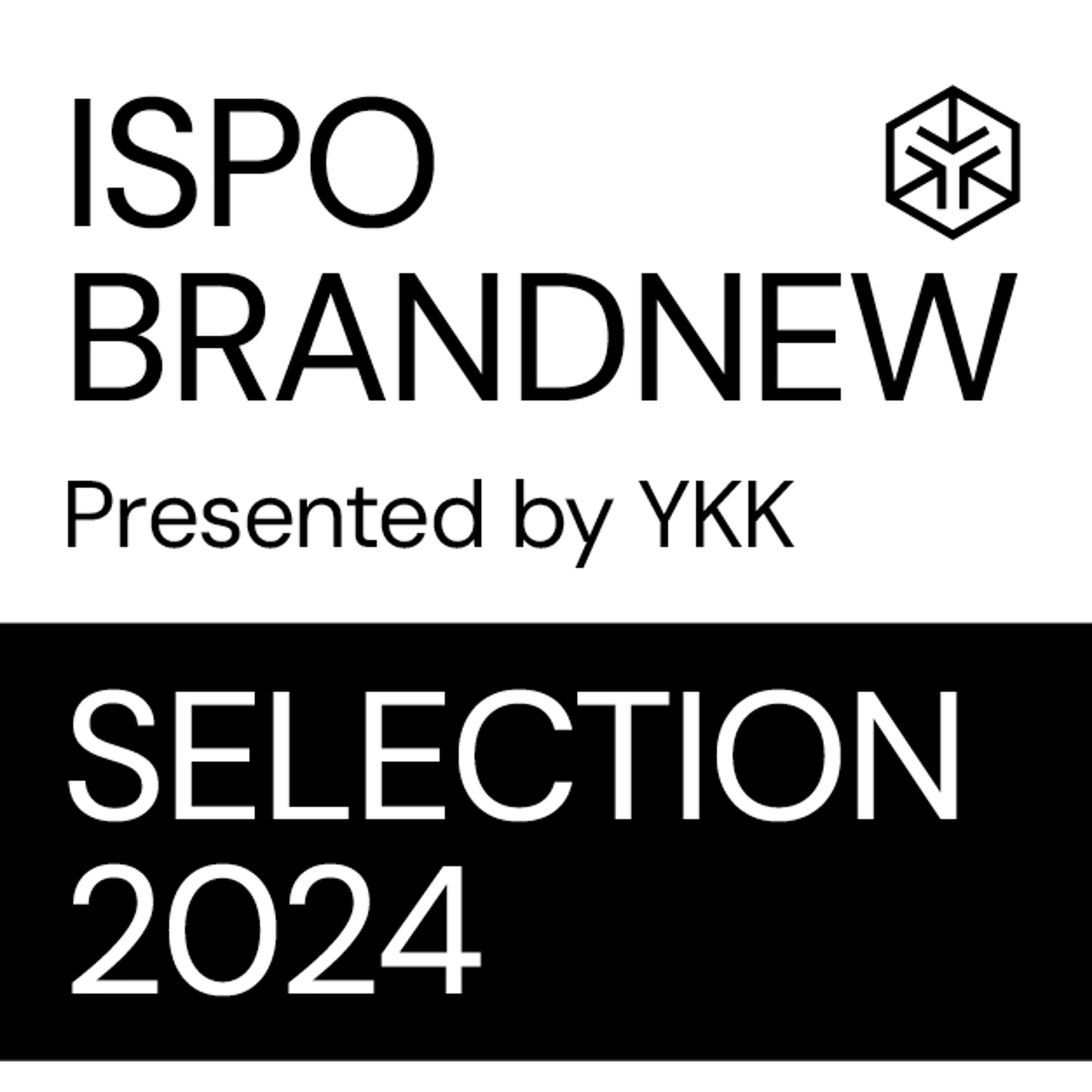 Black and white graphic with text that reads 'ISPO BRANDNEW Presented by YKK' and 'SELECTION 2024' with a small cube logo.