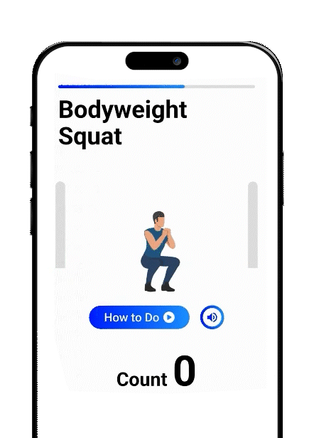 Mobile app screen demonstrating a bodyweight squat exercise with a cartoon figure squatting, a 'How to Do' button, and a counter showing zero.