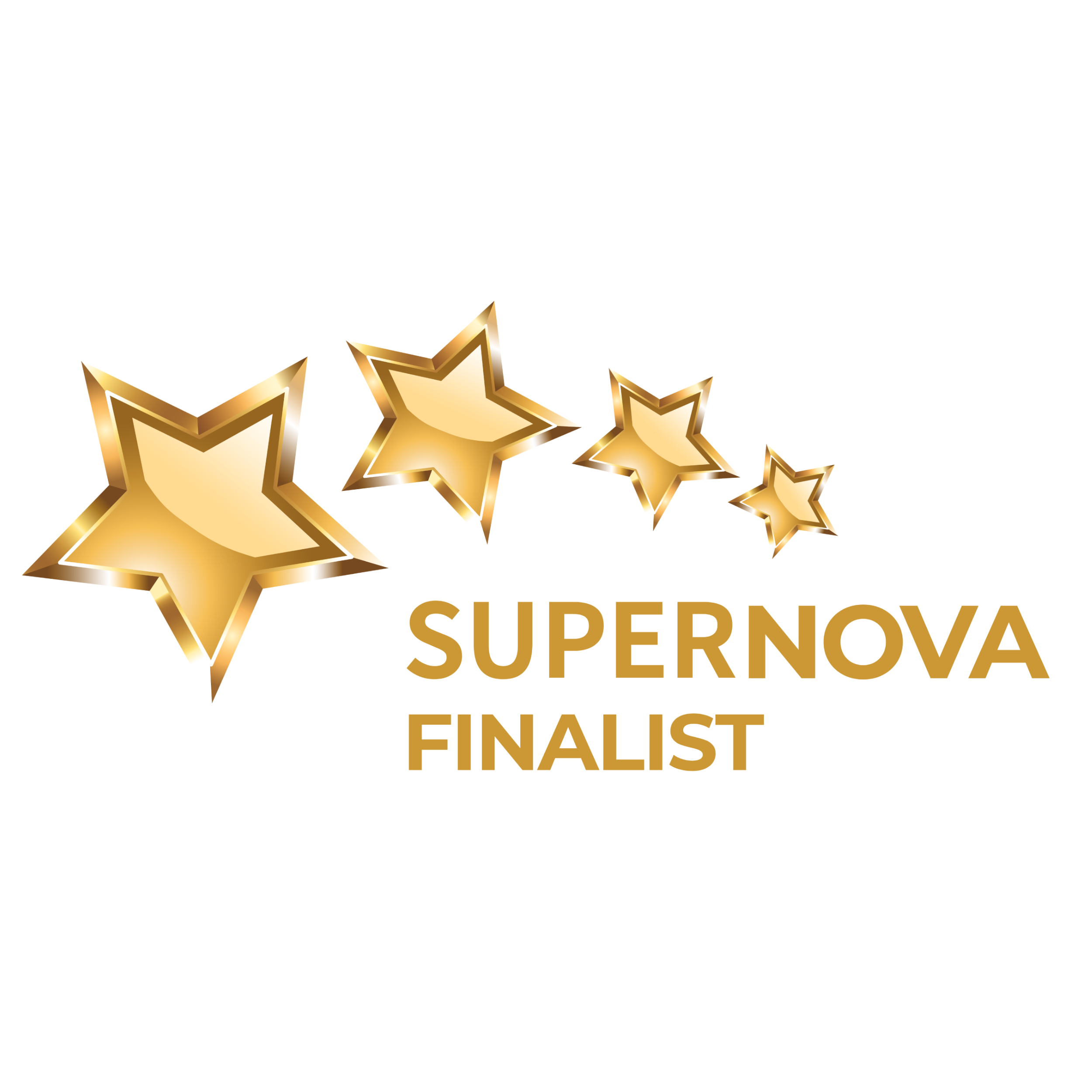 Gold stars with white outline next to the text 'Supernova Finalist' in gold-colored font.
