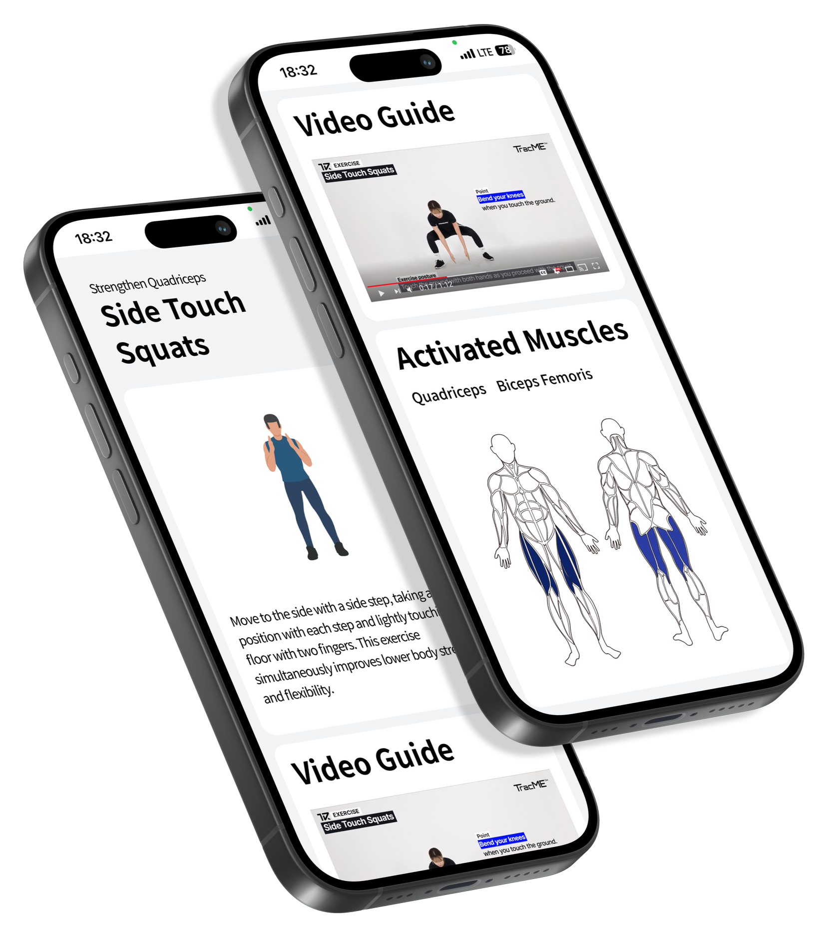 Two smartphones display a fitness app with workout guides, diagrams, and video instructions for exercises like side touch squats and activated muscles.