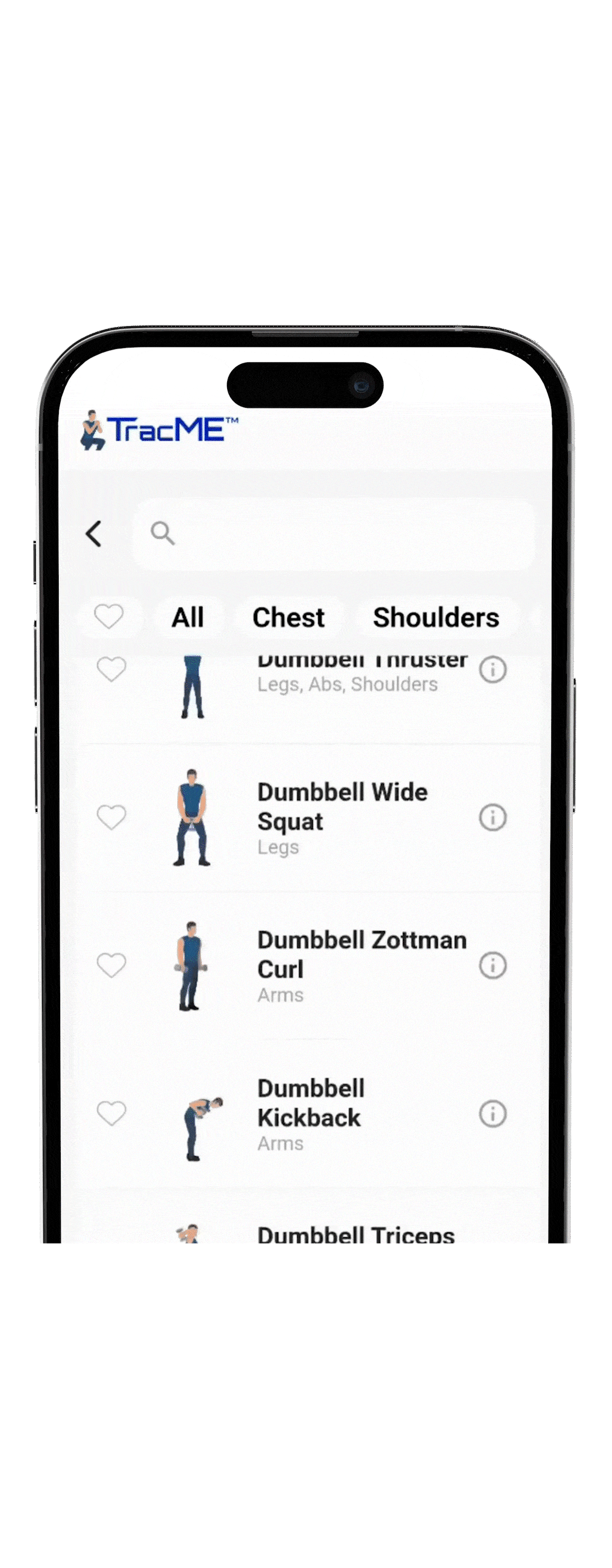 Mobile phone screen displaying a workout app with a list of exercises for chest and shoulders, including illustrations and text labels.