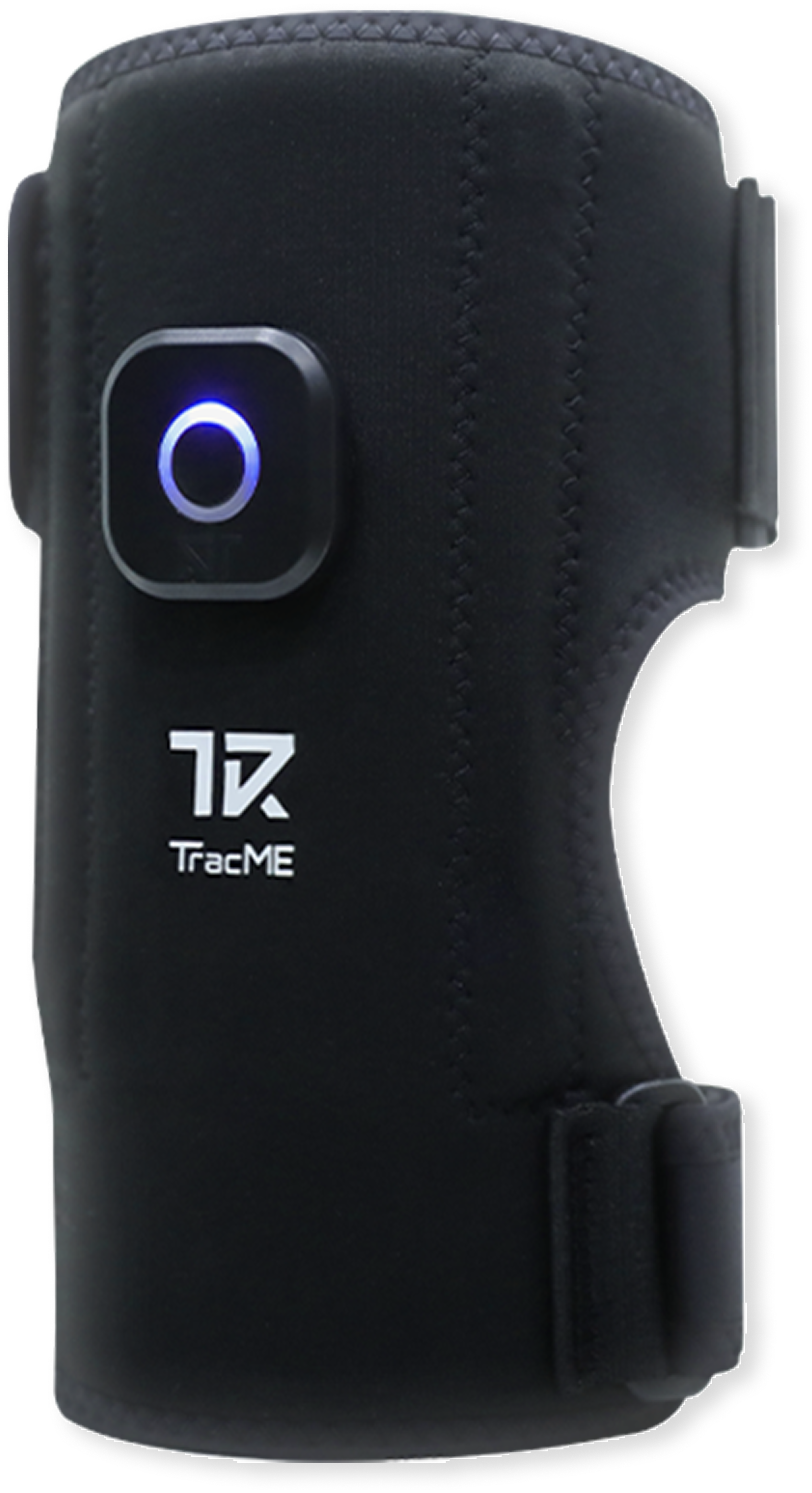 A black wearable device with a circular button that is illuminated with a blue light, and the brand name TracME printed on it.