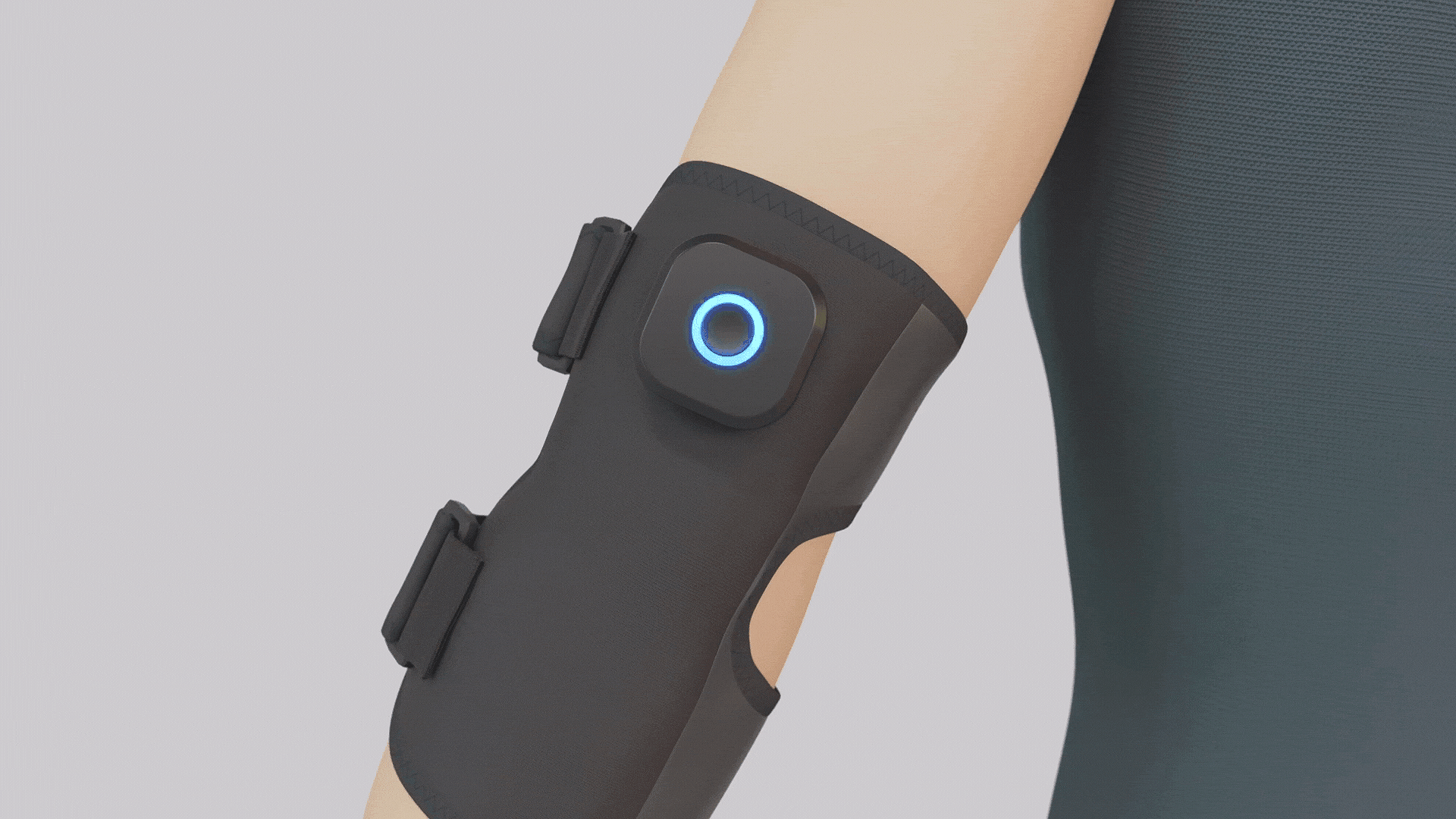 A black arm band with a circular blue LED display worn on a person's forearm.