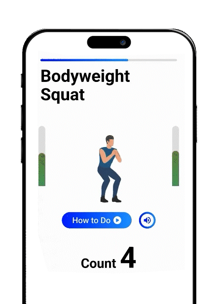 Mobile phone screen displays a workout app demonstrating a bodyweight squat exercise with an animated character. The screen shows the exercise name, a 'How to Do' button, a speaker icon, and a count of 4.