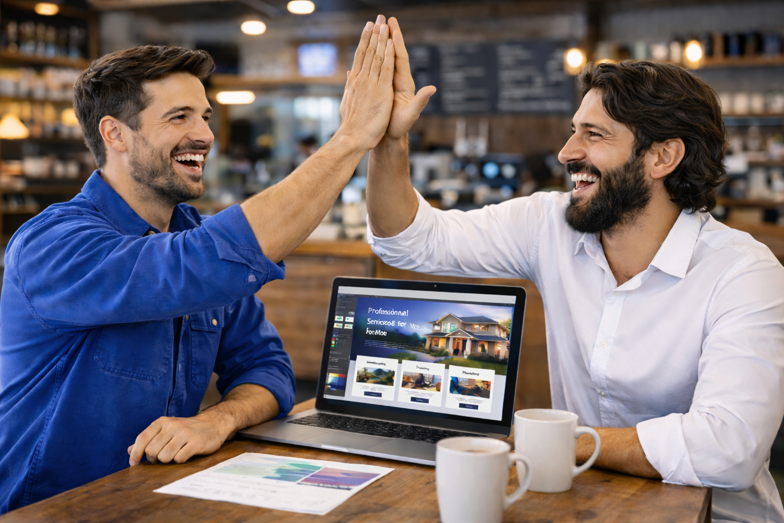 Two men sitting at a table in a coffee shop, smiling and giving high fives. One has a beard and white shirt, the other has a beard and blue shirt. A laptop and coffee mugs are on the table.