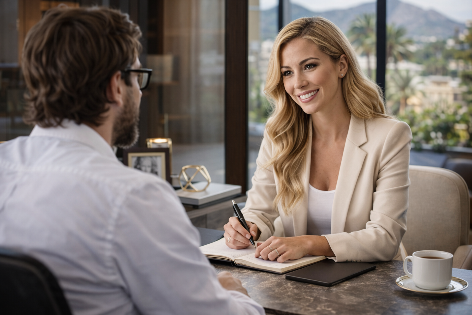 A woman smiling during a job interview with a man, sitting at a table in a modern office or cafe, with a notebook and coffee cup in view.