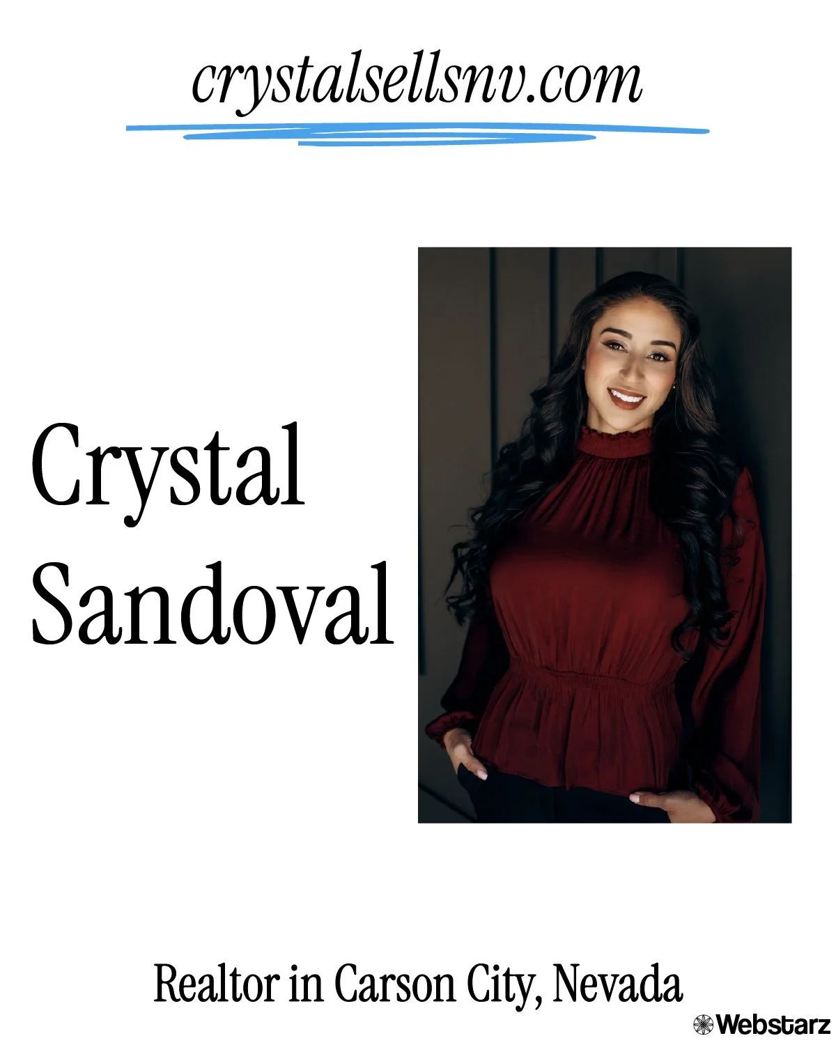 Business card with the name Crystal Sandoval, a realtor in Carson City, Nevada, featuring a photo of a woman with long dark hair in a red top, and the website crystalsellsnv.com.