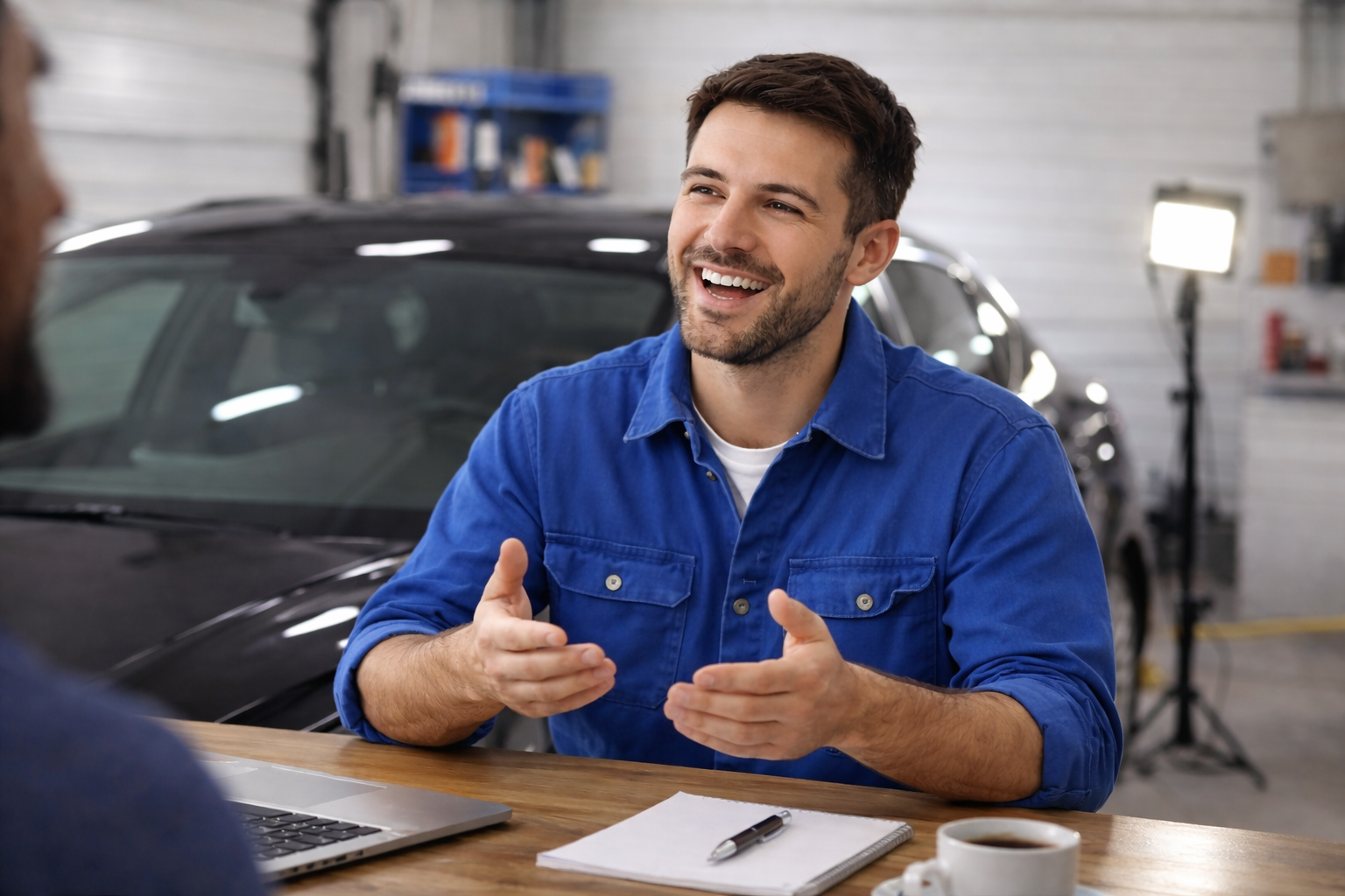 Man in blue shirt having a conversation in an auto workshop, with car and equipment in the background.