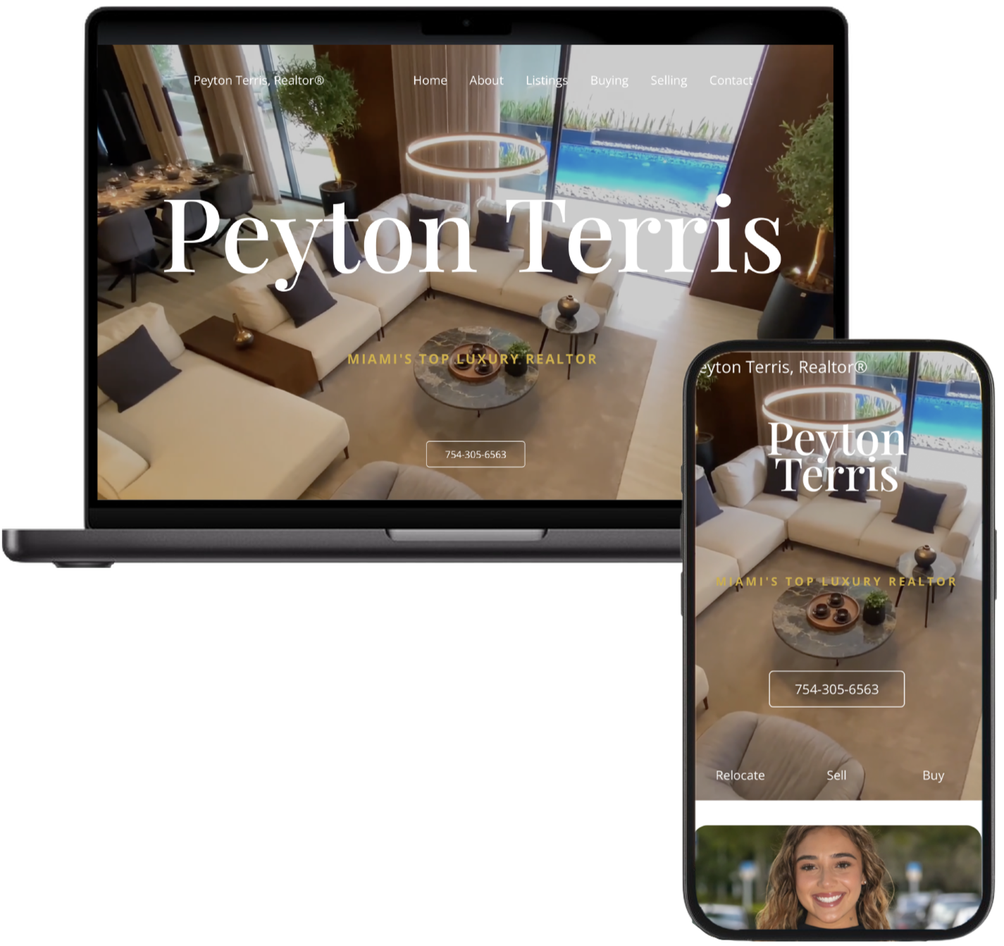 Responsive website showing a luxury living room with large windows, white sectional sofas with dark pillows, a marble coffee table with decorative items, and a view of a pool outside. The website headers include 'Peyton Terris, Realtor®' and 'Miami's Top Luxury Realtor', with menu options. The contact number 754-305-6563 is visible. The mobile view displays similar content with additional options 'Relocate', 'Sell', and 'Buy' and includes a photo of a smiling woman.