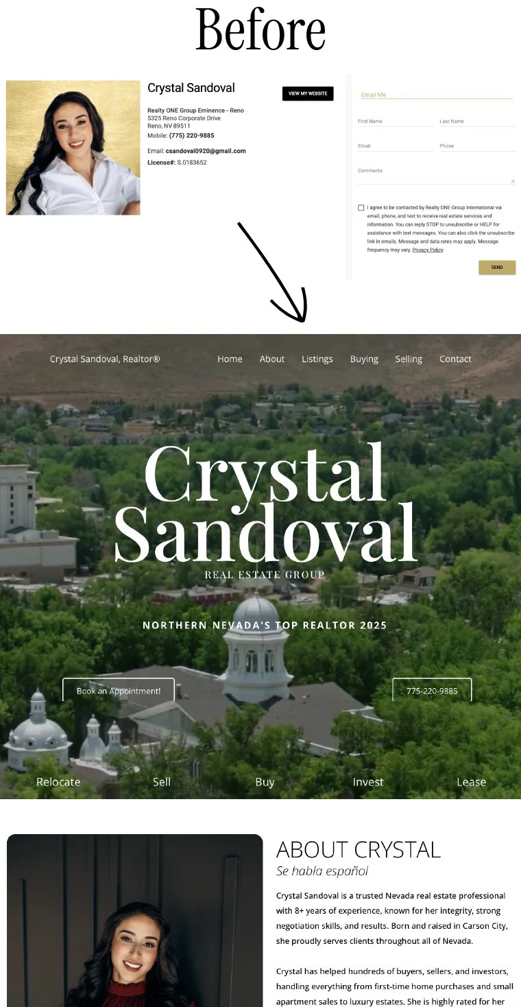 A real estate website homepage for Crystal Sandoval with her photo and contact information at the top, a navigation menu, a scenic background image of a Nevada cityscape with her name in prominent white text, and a section about her with her portrait and professional background.
