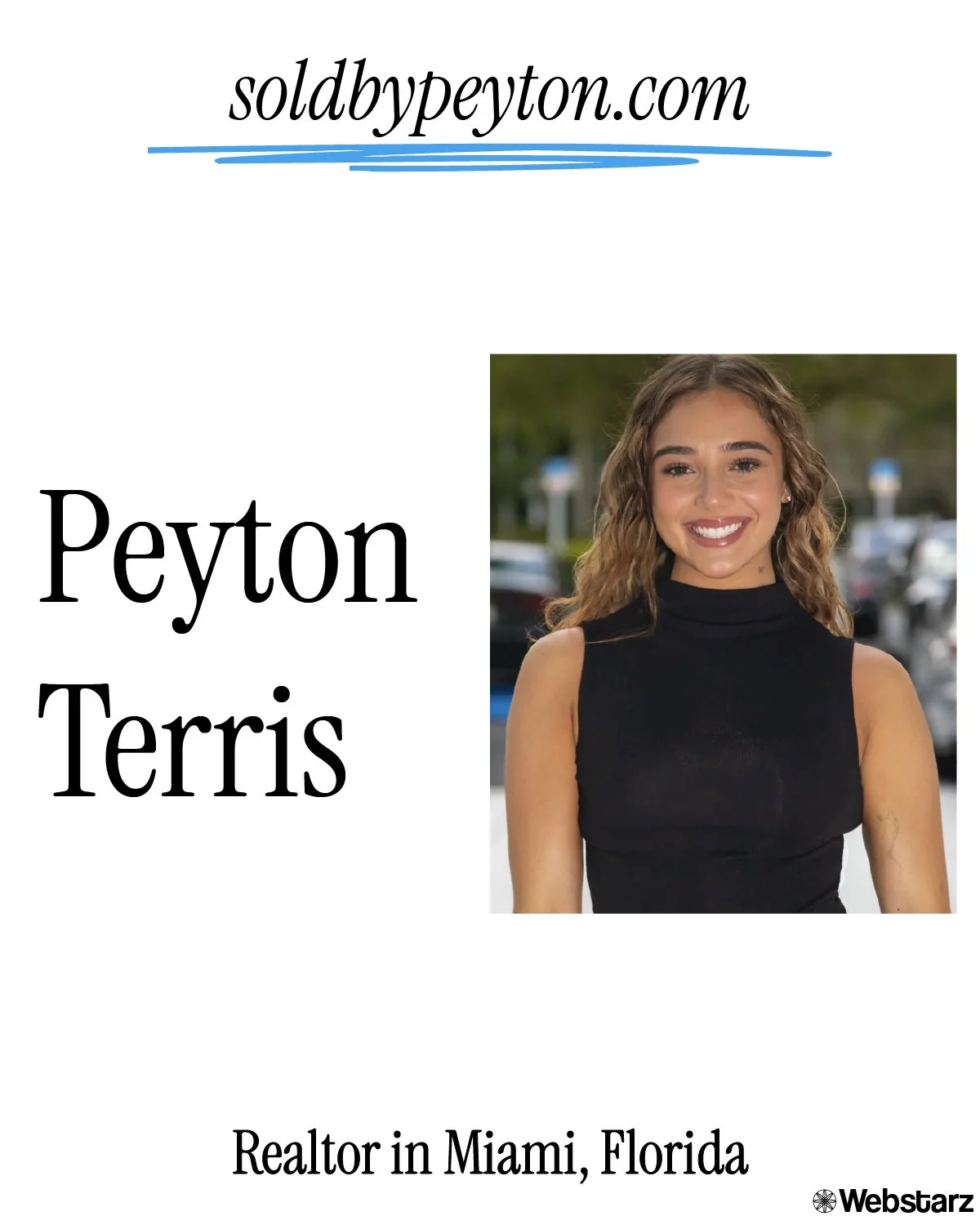 A profile card featuring a photo of Peyton Terris, a realtor in Miami, Florida, with the website soldbypeyton.com at the top and her name and title on a white background.