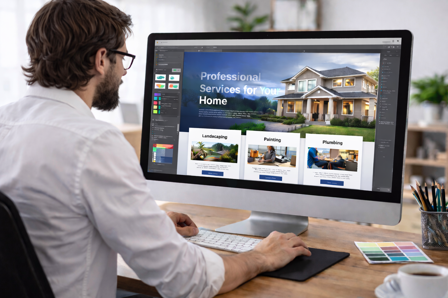 A man wearing glasses working on a desktop computer, designing a home services website that features a large house image, with categories for landscaping, painting, and plumbing.