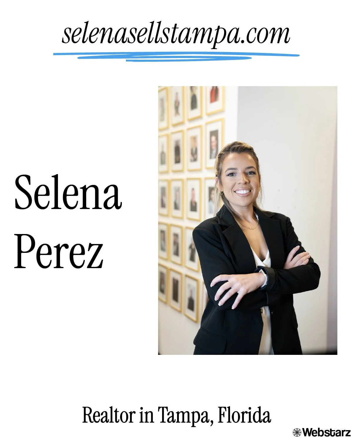 A professional woman standing with arms crossed in front of a wall decorated with framed photographs. She is smiling and wears a black blazer. The image is part of a promotional or professional profile for Selena Perez, a realtor in Tampa, Florida, with a website link in the header.