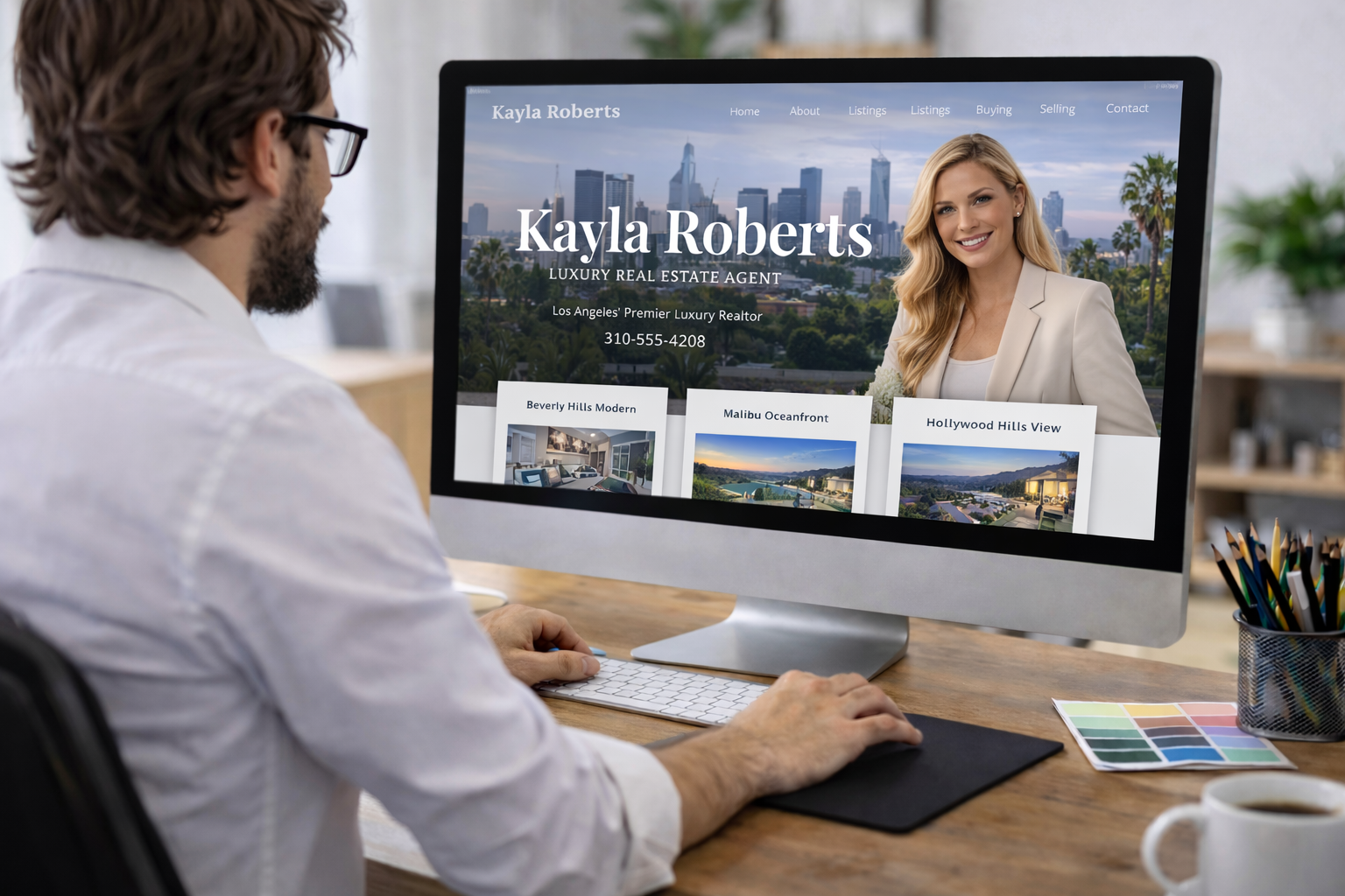 A man browsing a real estate agent's website on a computer with a photo of a female agent and cityscape background.