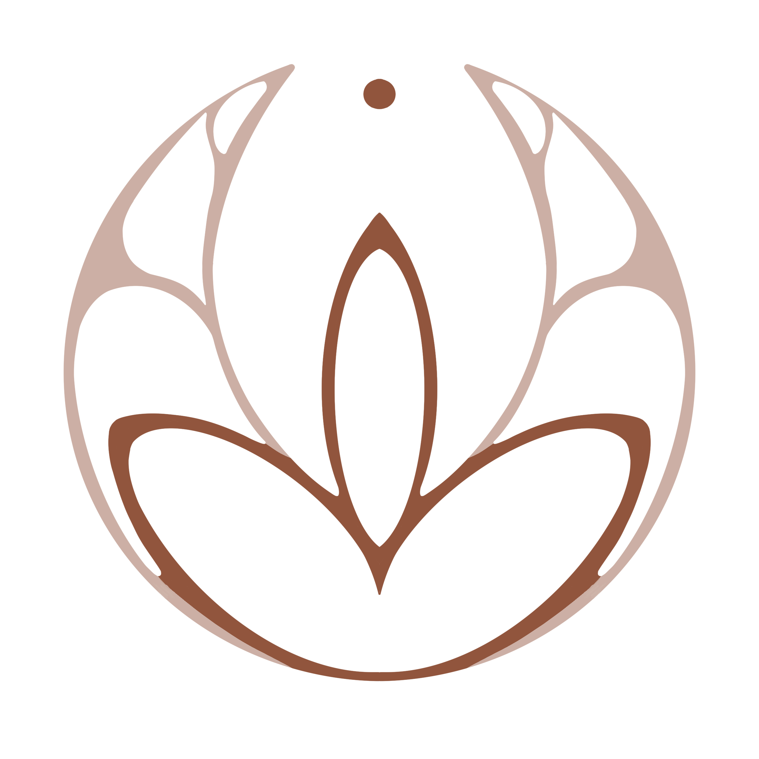 Logo circular con diseño abstracto en tonos marrón, con líneas curvas formando una figura estilizada.