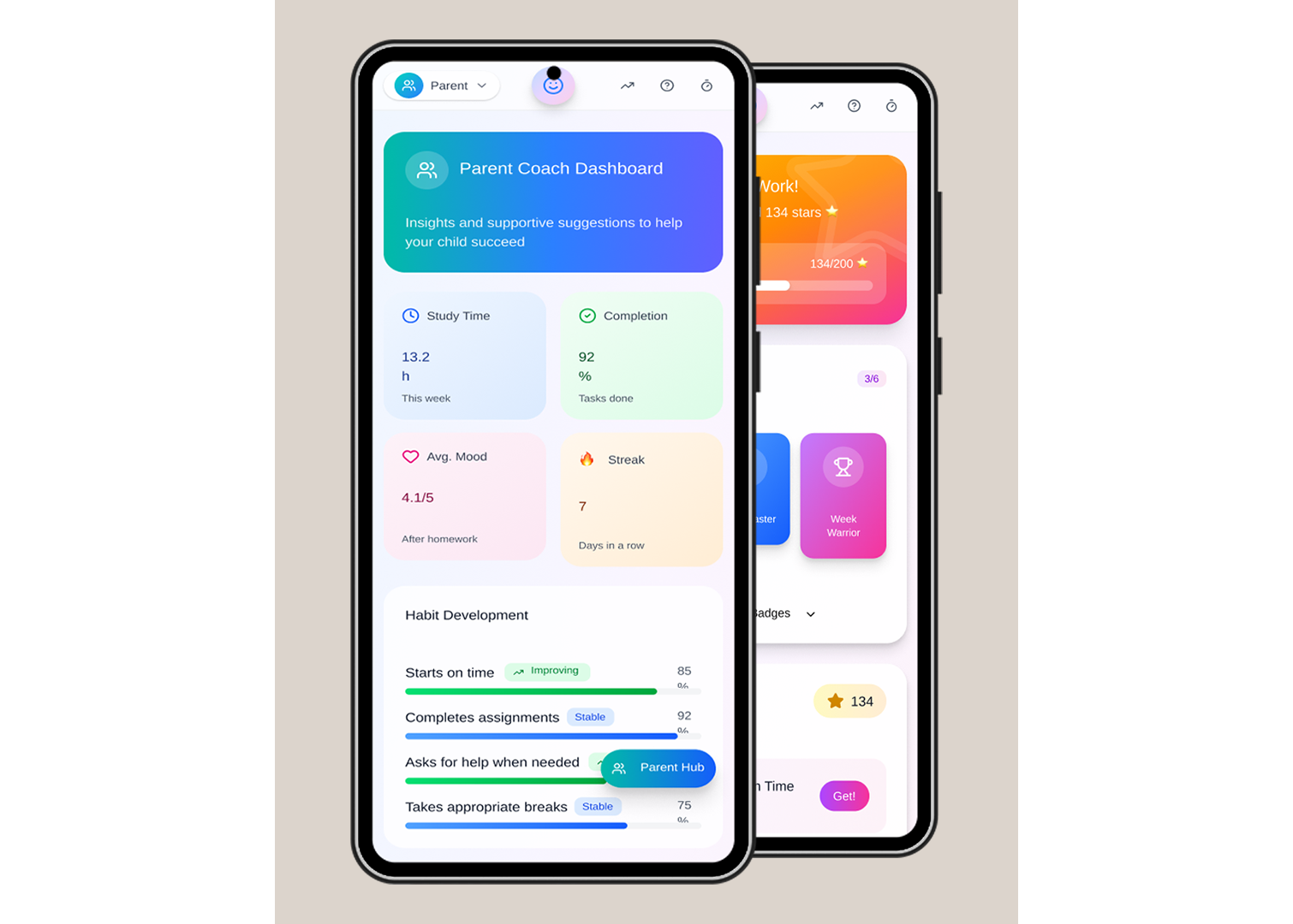 Smartphones displaying a parent coach dashboard and achievement screens, with colorful progress charts and stats for child development and habits.