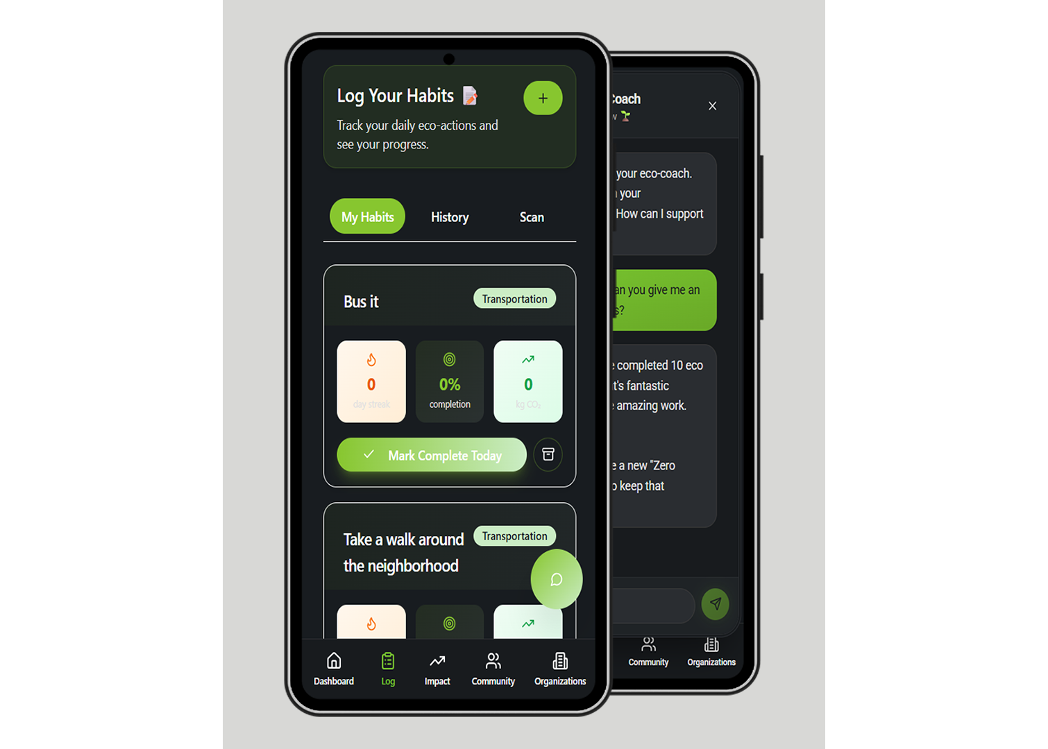 Mobile app screens displaying an eco-friendly habit tracking application with dark mode interface. The visible page shows a 'Log Your Habits' section.