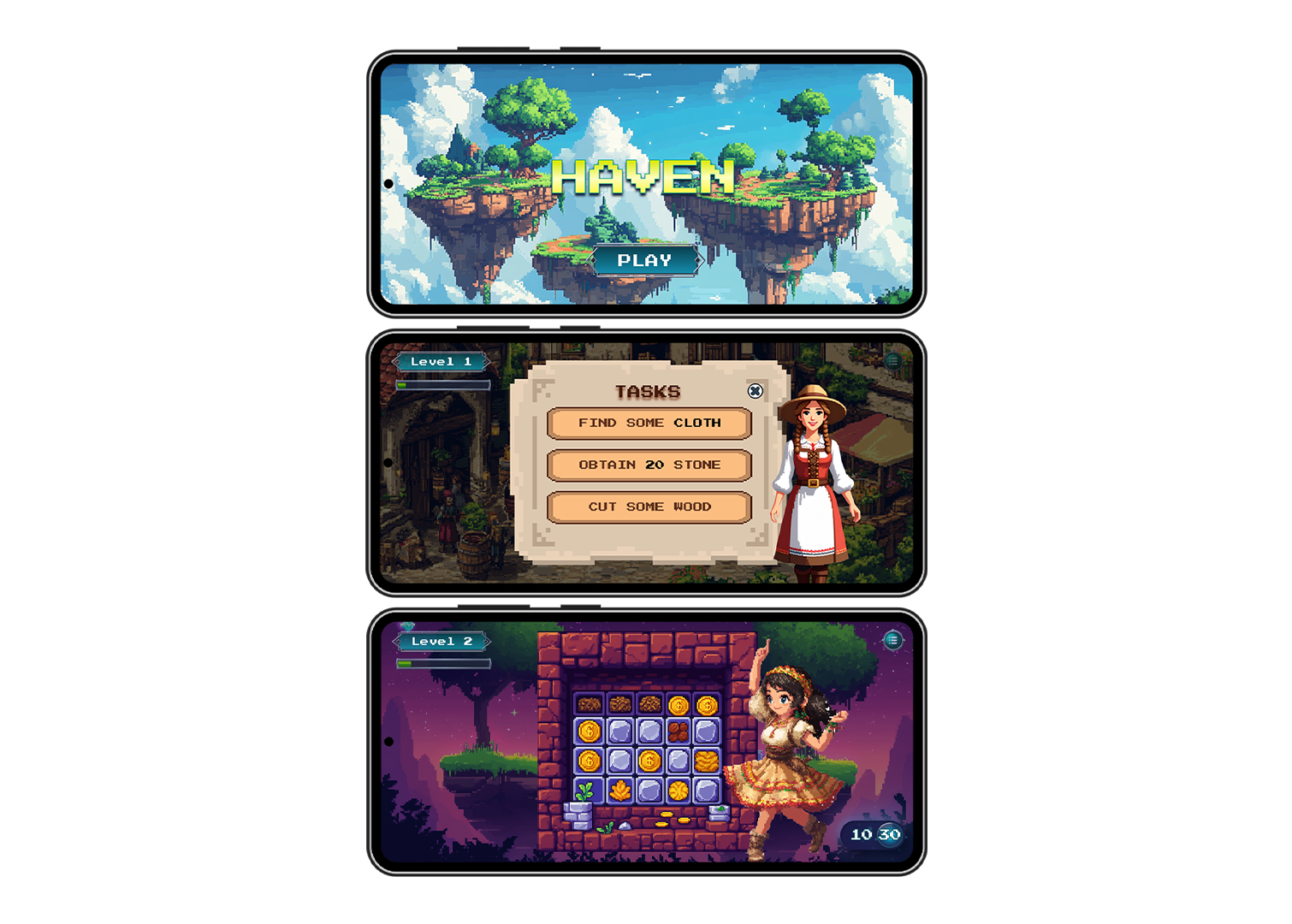 A collage of three pixel art game scenes on smartphone screens. The top scene shows the game title 'HAVEN' with floating islands and clouds. The middle scene features a woman in historical or fantasy attire with task instruction. The bottom scene illustrates a match-three puzzle game with a female character in a forest background, next to a grid of matching tiles, with a score and time countdown.