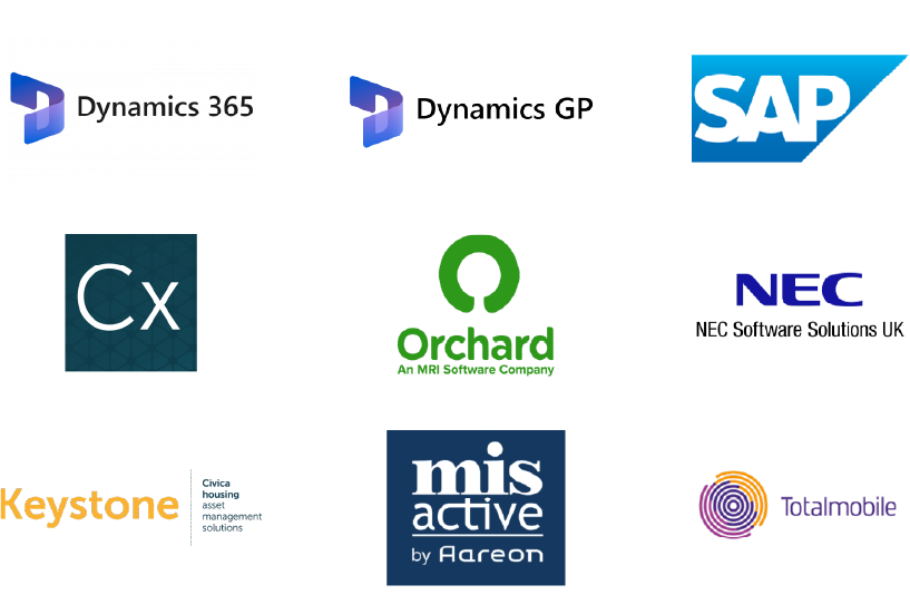 Collection of logos including SAP, Dynamics 365, Dynamics GP, NECS, Orchard, Keystone, and MS Active by Aareon.