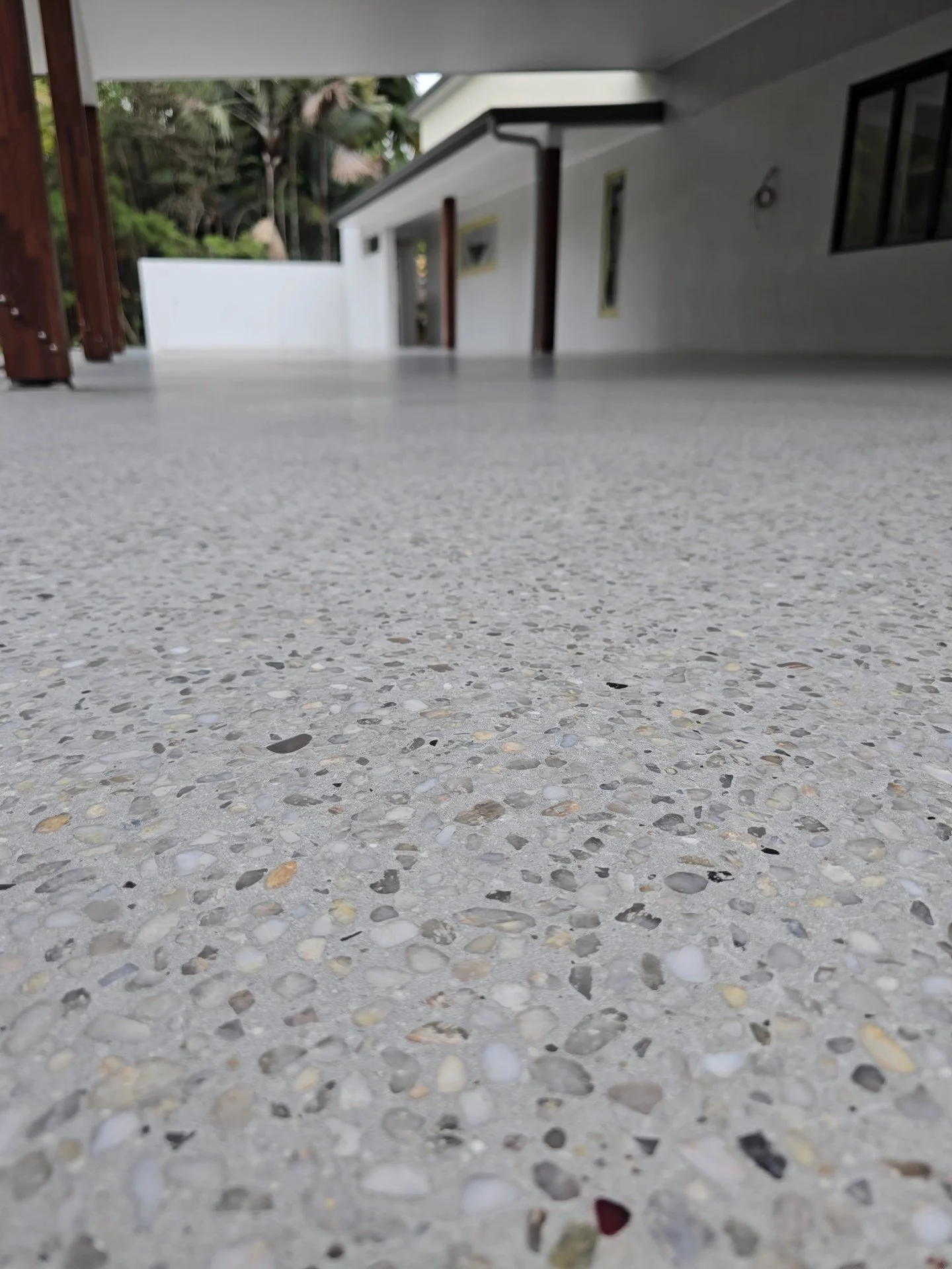A backyard swimming pool with a concrete deck, surrounded by lush green plants in large pots and a wicker outdoor sofa with cushions in the background.