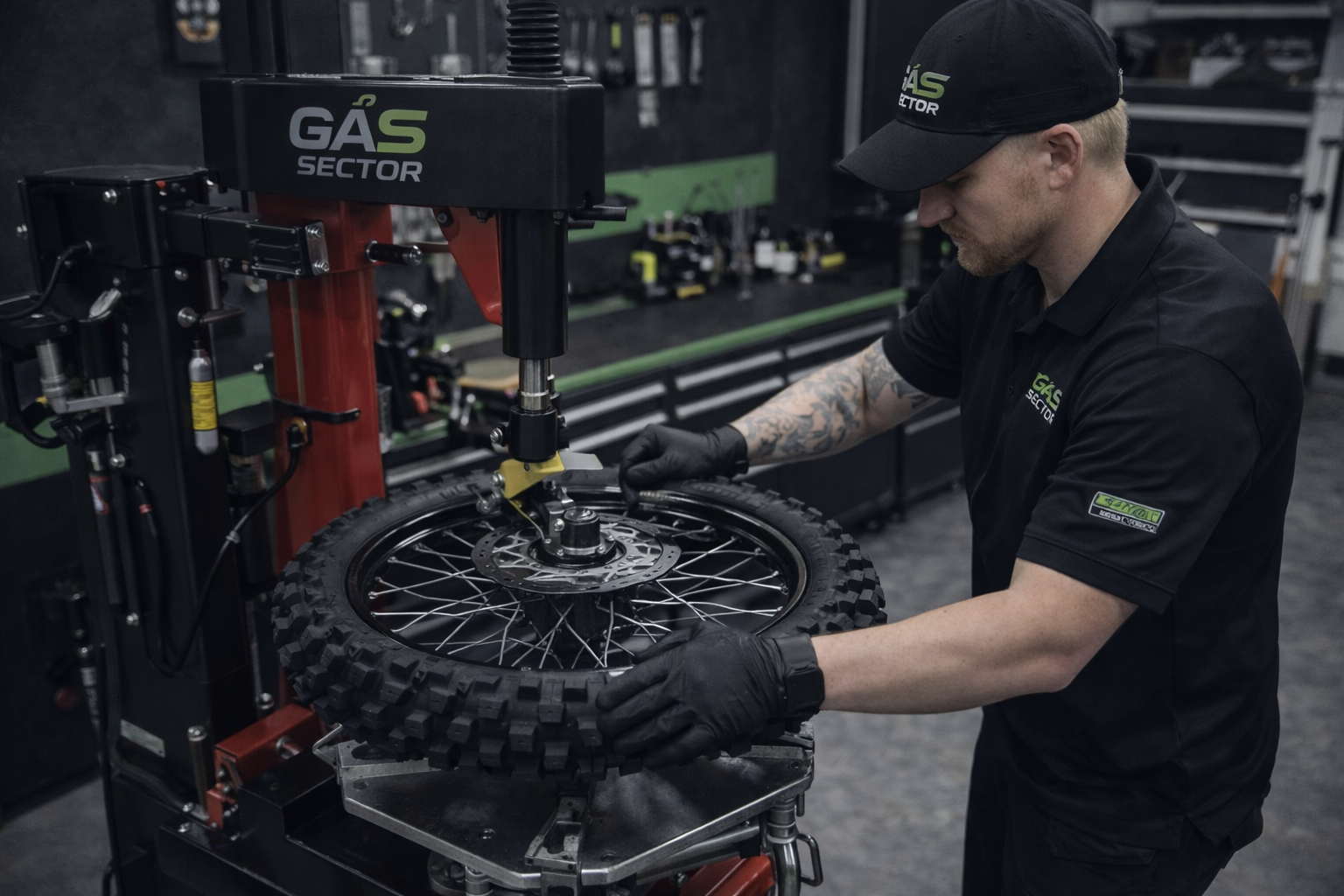Moottoripyörän rengastyö käynnissä Gäs-Sector Moottoripyörähuollossa Jyväskylässä