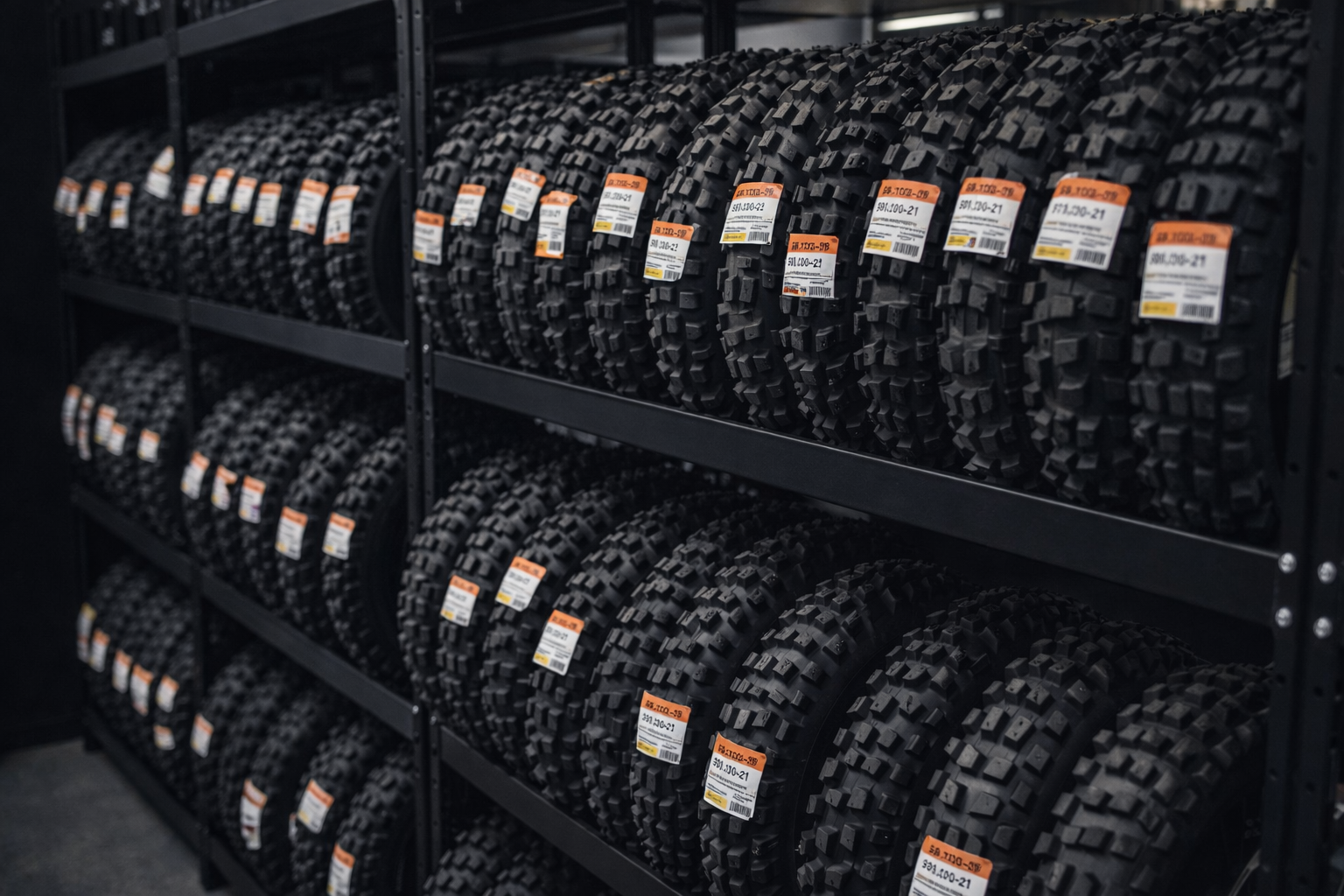 Motocross- ja enduropyörien renkaat varastohyllyssä Gäs-Sector Moottoripyörähuollossa Jyväskylässä
