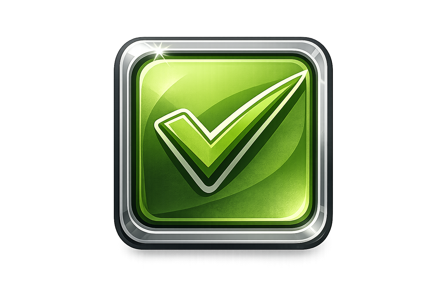 Digital icon of a green checkmark inside a square with a silver border.
