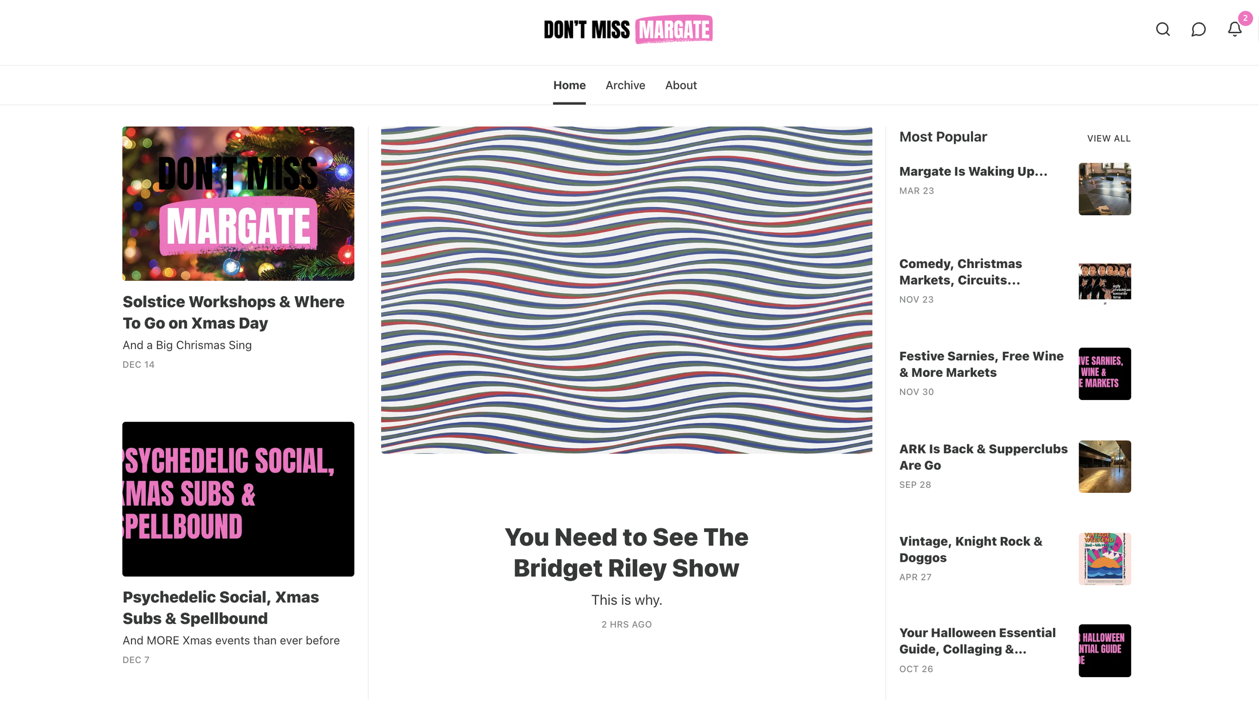 Screenshot of a website titled 'DON'T MISS MARGATE' with various blog posts and articles related to events and activities in Margate, including Christmas workshops, psychedelic social events, and entertainment shows. The site features a colorful header and a list of recent posts on the right.