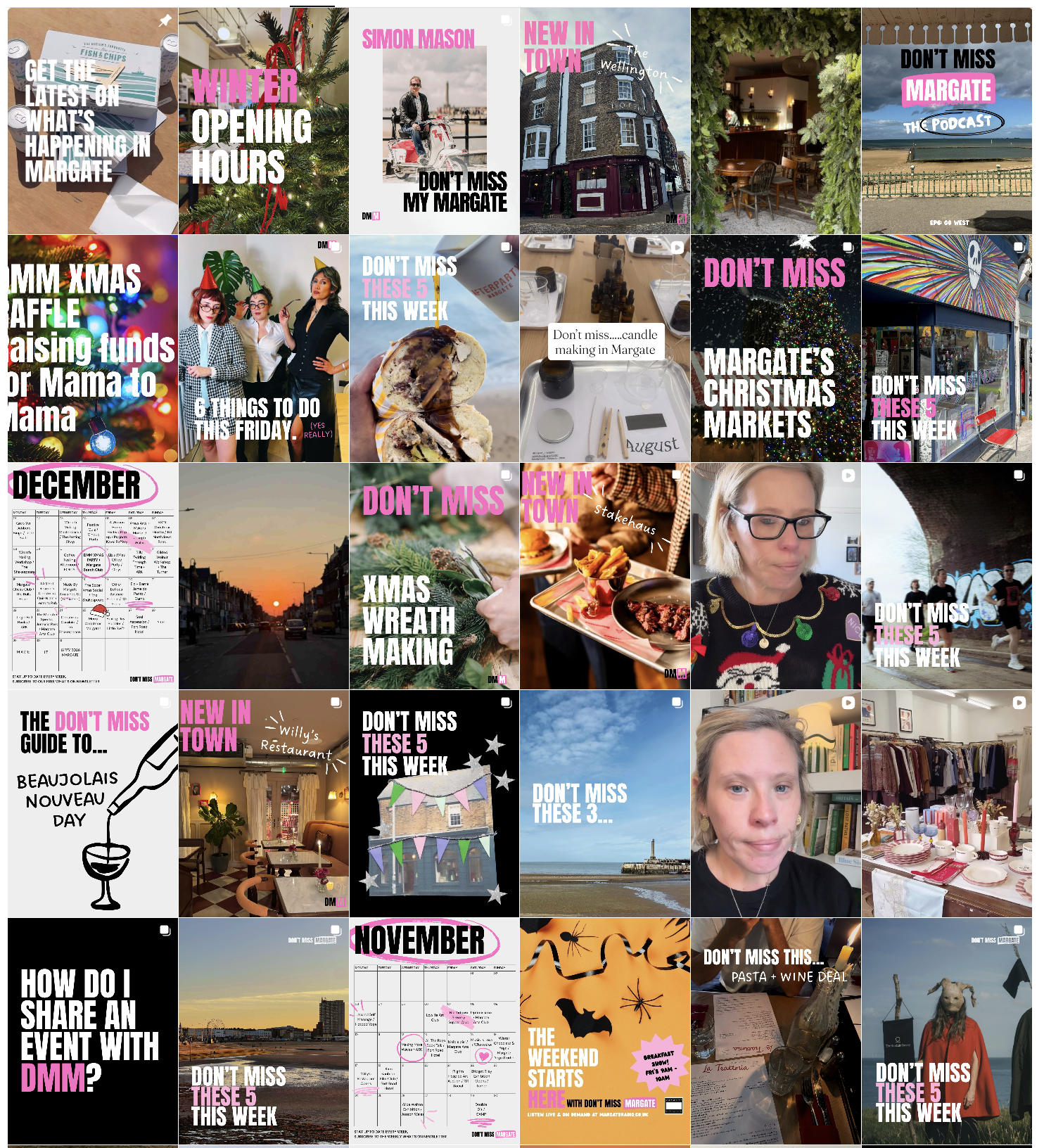 Collage of social media posts, event announcements, and festive holiday images, including Christmas wreaths, markets, and food.