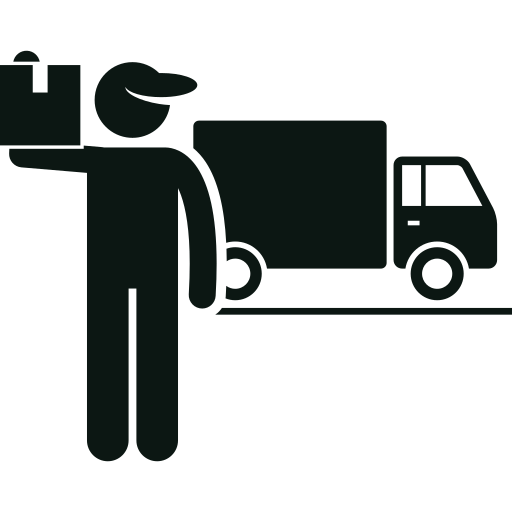 Silhouette of a delivery person holding a pizza and standing next to a delivery truck.