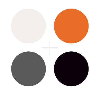 Four colored circles arranged in a 2x2 grid with white, orange, gray, and black colors.