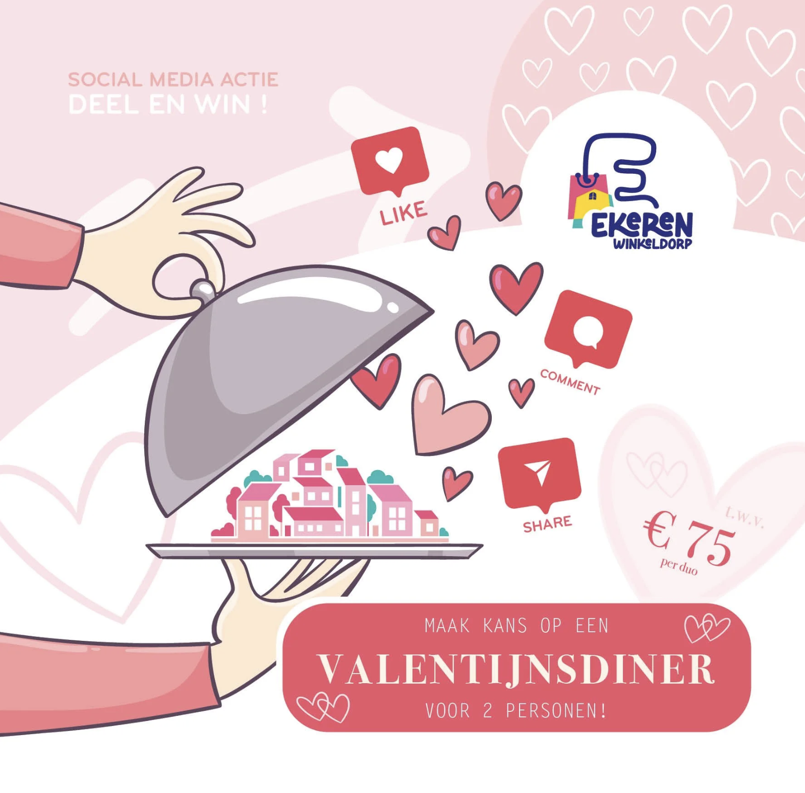 Social media post voor valentijn met veel hartjes, diner en social media icons